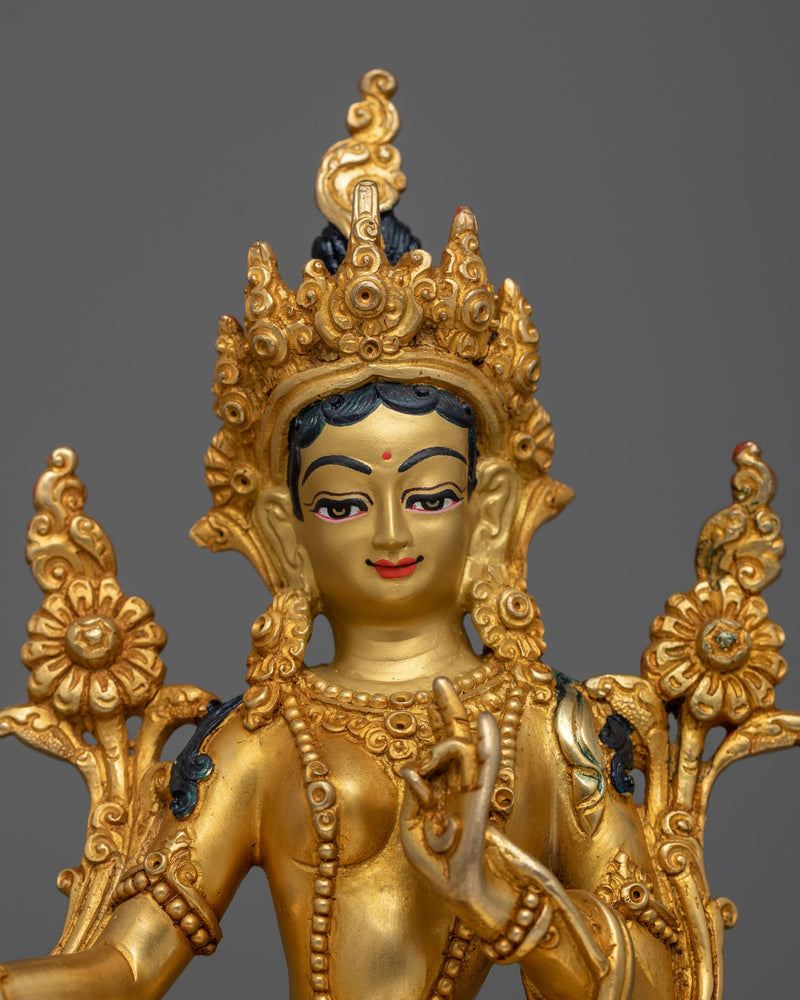 Machine Made Arya Green Tara Statue | Crafted in Copper with 24K Gold Plating