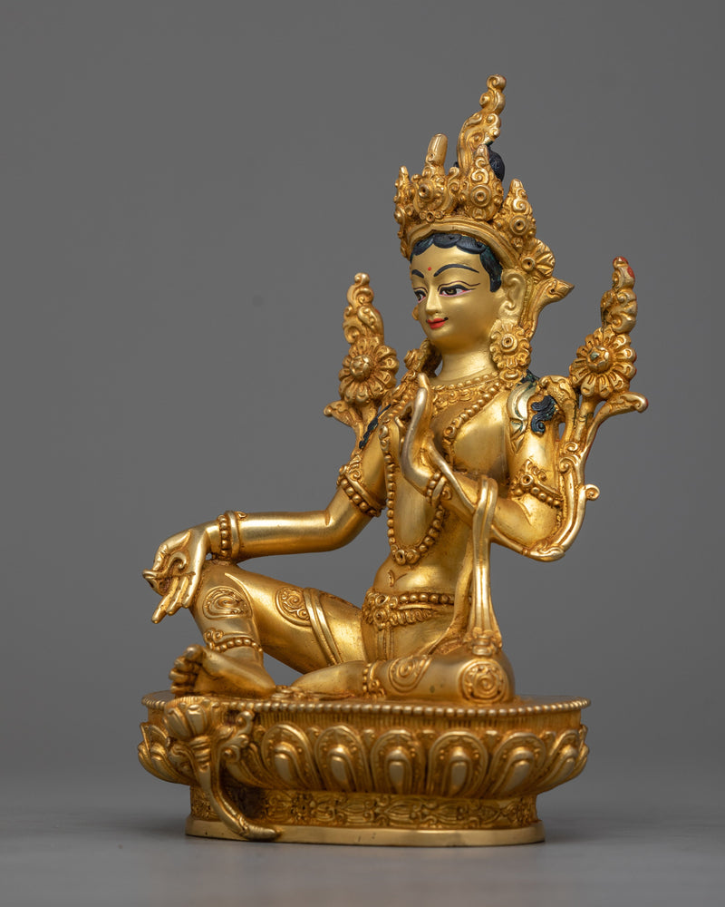 Machine Made Arya Green Tara Statue | Crafted in Copper with 24K Gold Plating