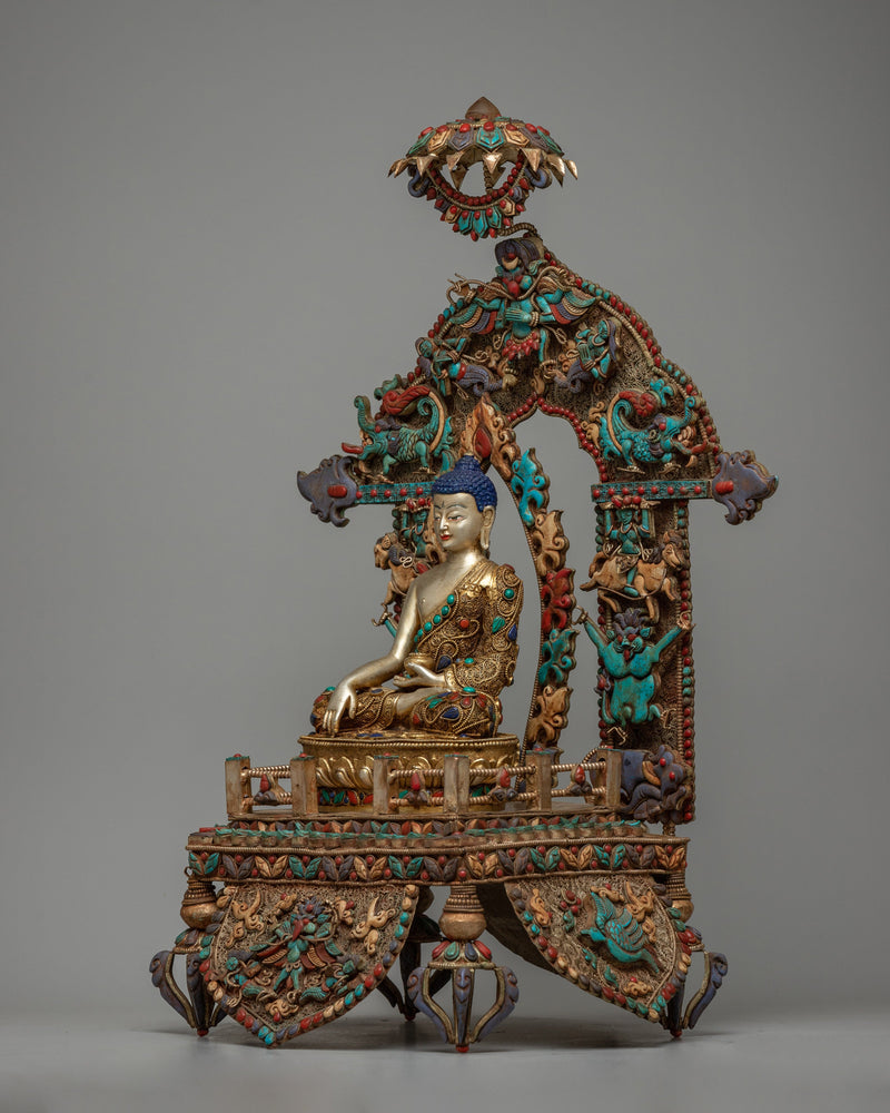 Shakyamuni Buddha on Throne Statue | Divine Representation with Copper Body and 24K Gold Plating