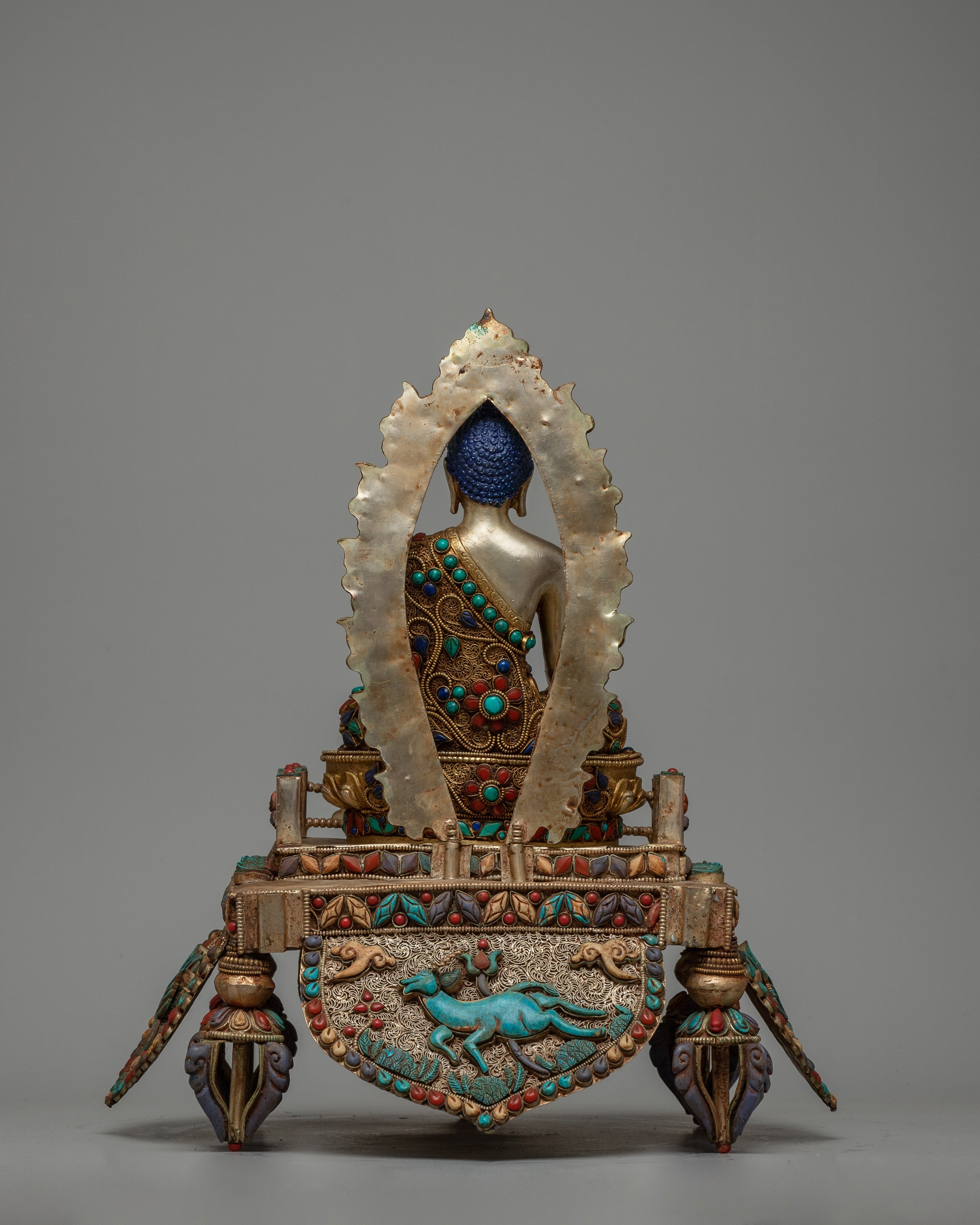 Shakyamuni Buddha on Throne Statue | Divine Representation with Copper Body and 24K Gold Plating