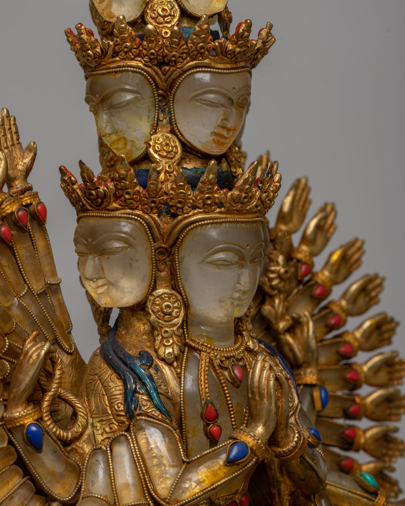 1000 Armed Crystal Avalokitesvara Statue | Magnificent Representation in Copper, Enhanced with 24K Gold Plating