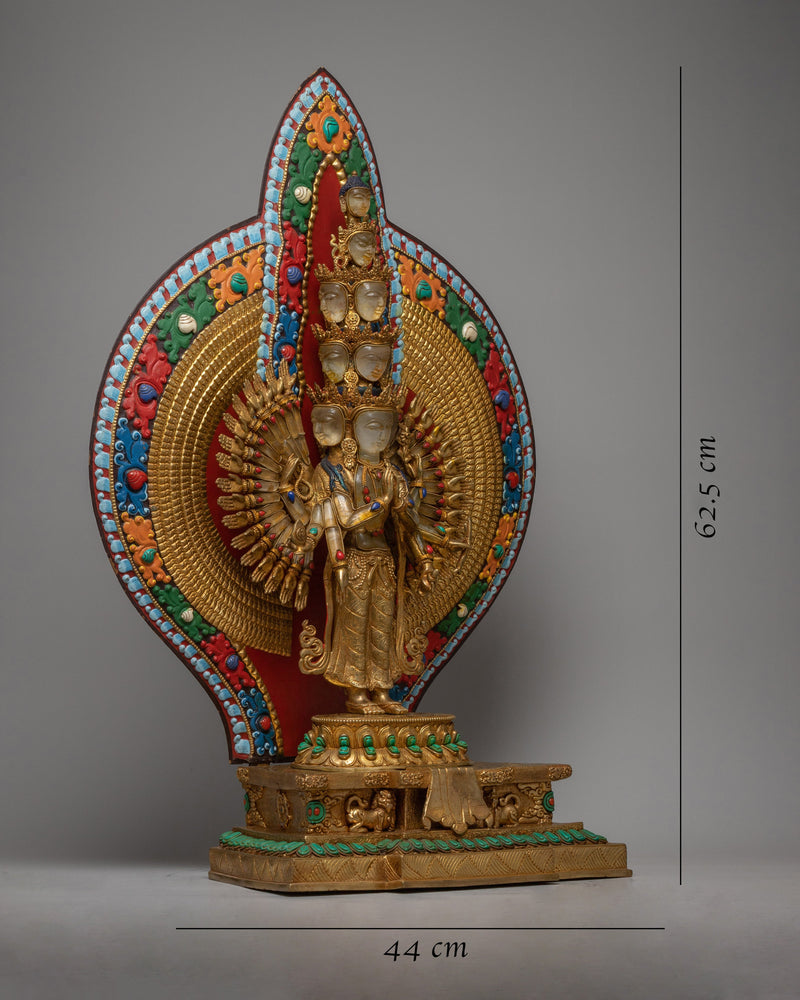 1000 Armed Crystal Avalokitesvara Statue | Magnificent Representation in Copper, Enhanced with 24K Gold Plating