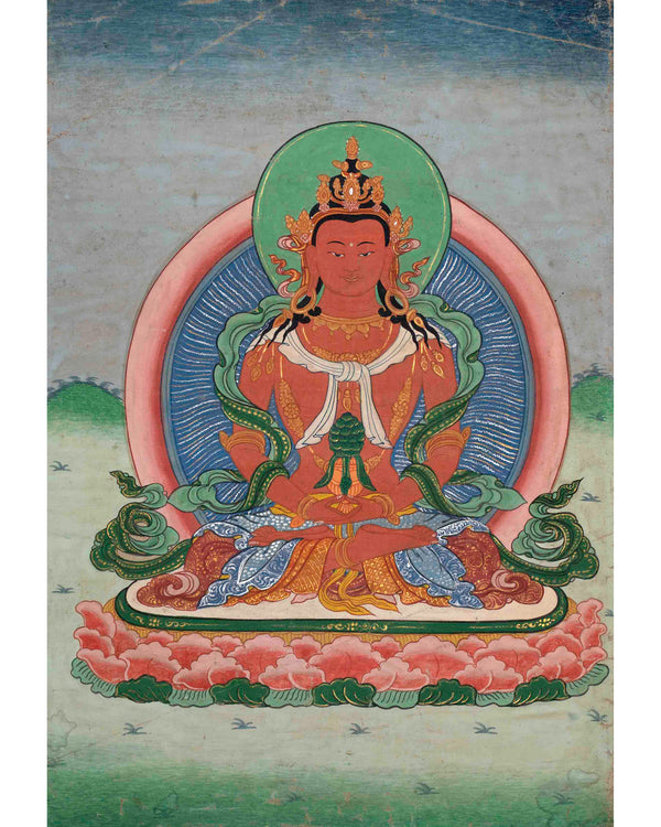 Vintage Amitayus Buddha With Soft Colors | Original Hand-Painted Tibetan Thangka Painting