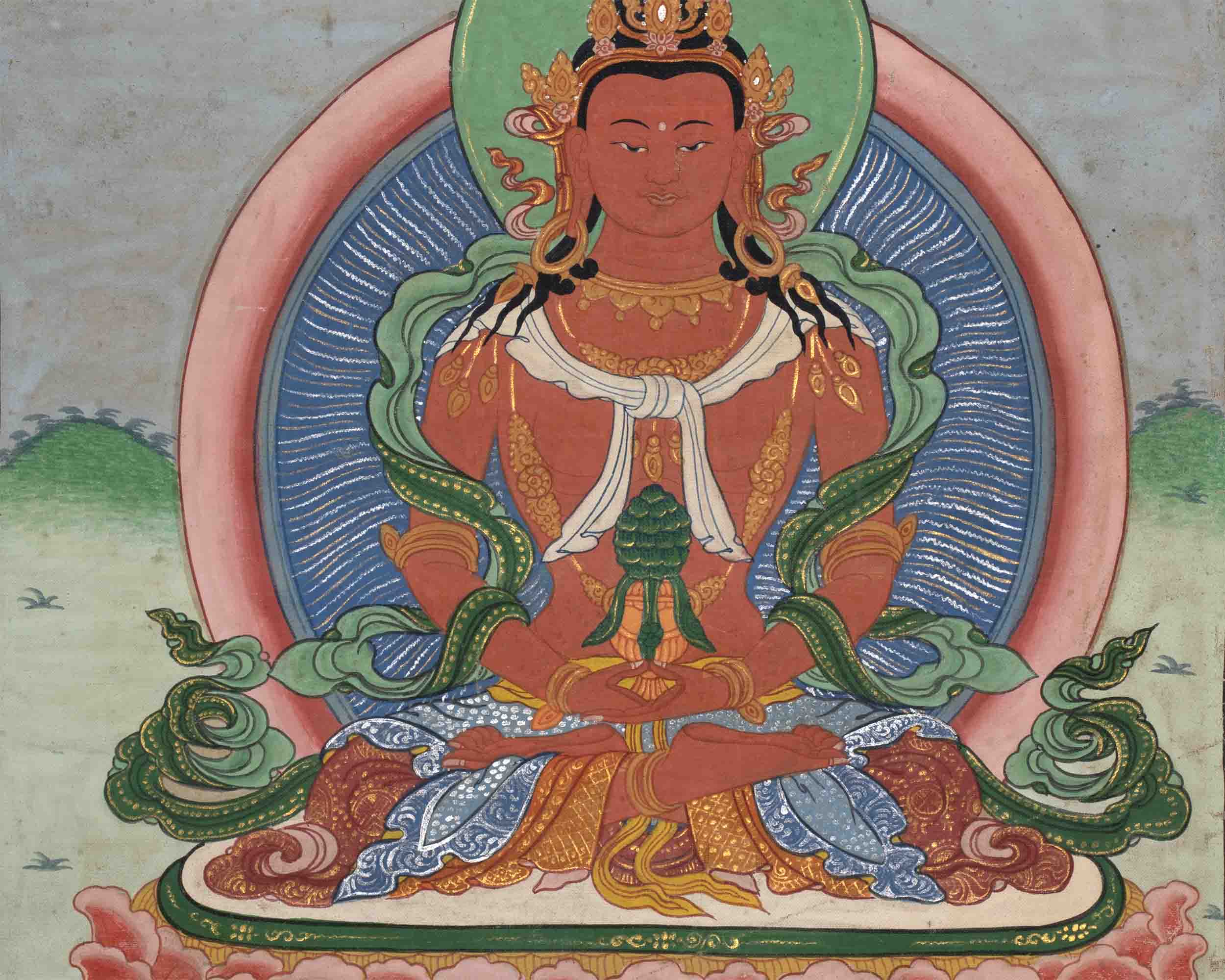 Vintage Amitayus Buddha With Soft Colors | Original Hand-Painted Tibetan Thangka Painting