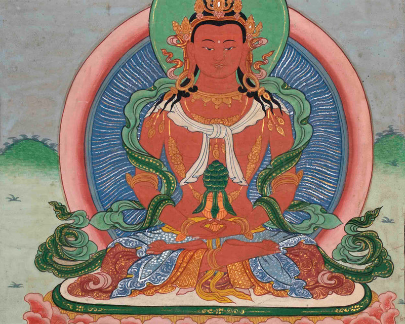 Vintage Amitayus Buddha With Soft Colors | Original Hand-Painted Tibetan Thangka Painting