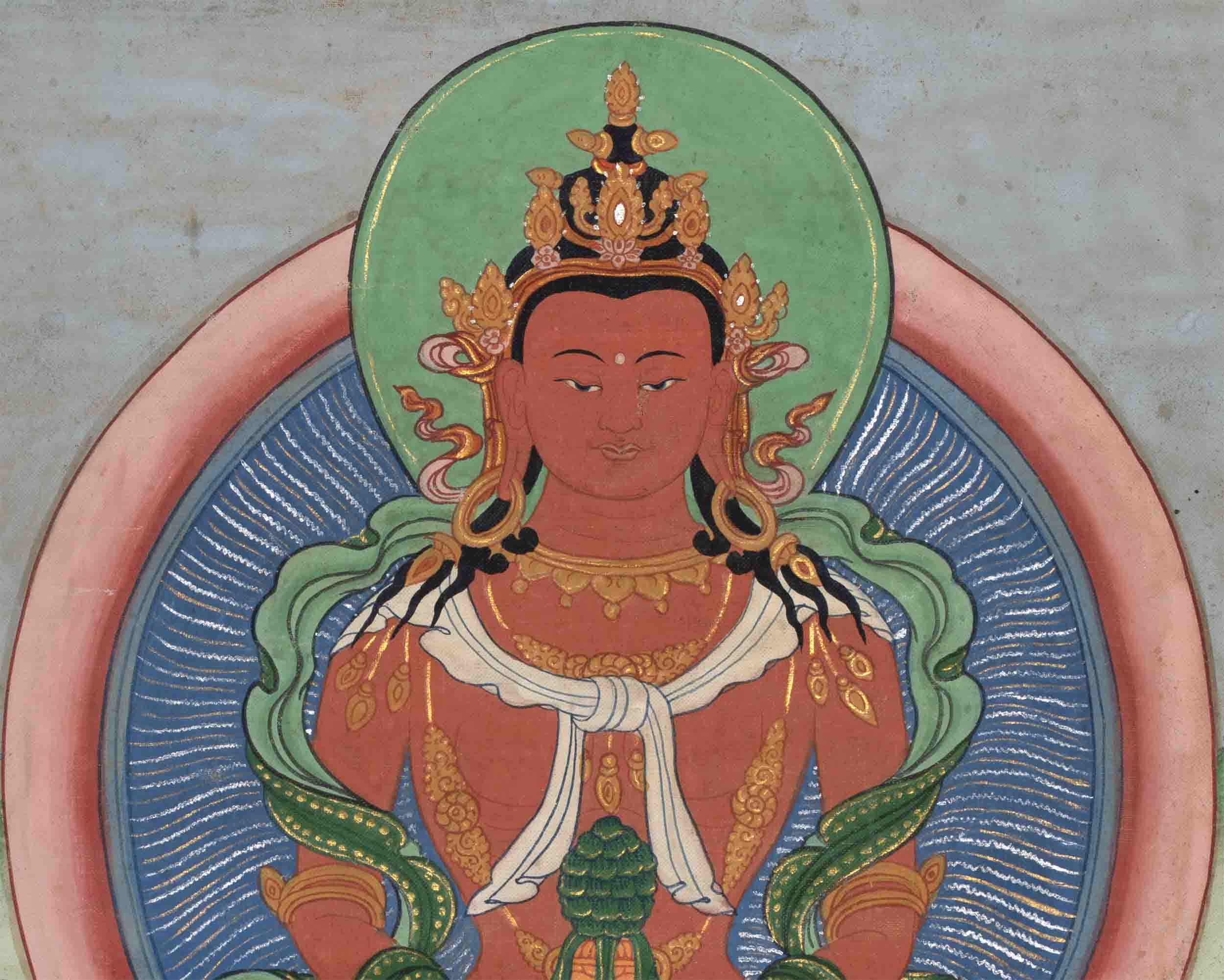 Vintage Amitayus Buddha With Soft Colors | Original Hand-Painted Tibetan Thangka Painting
