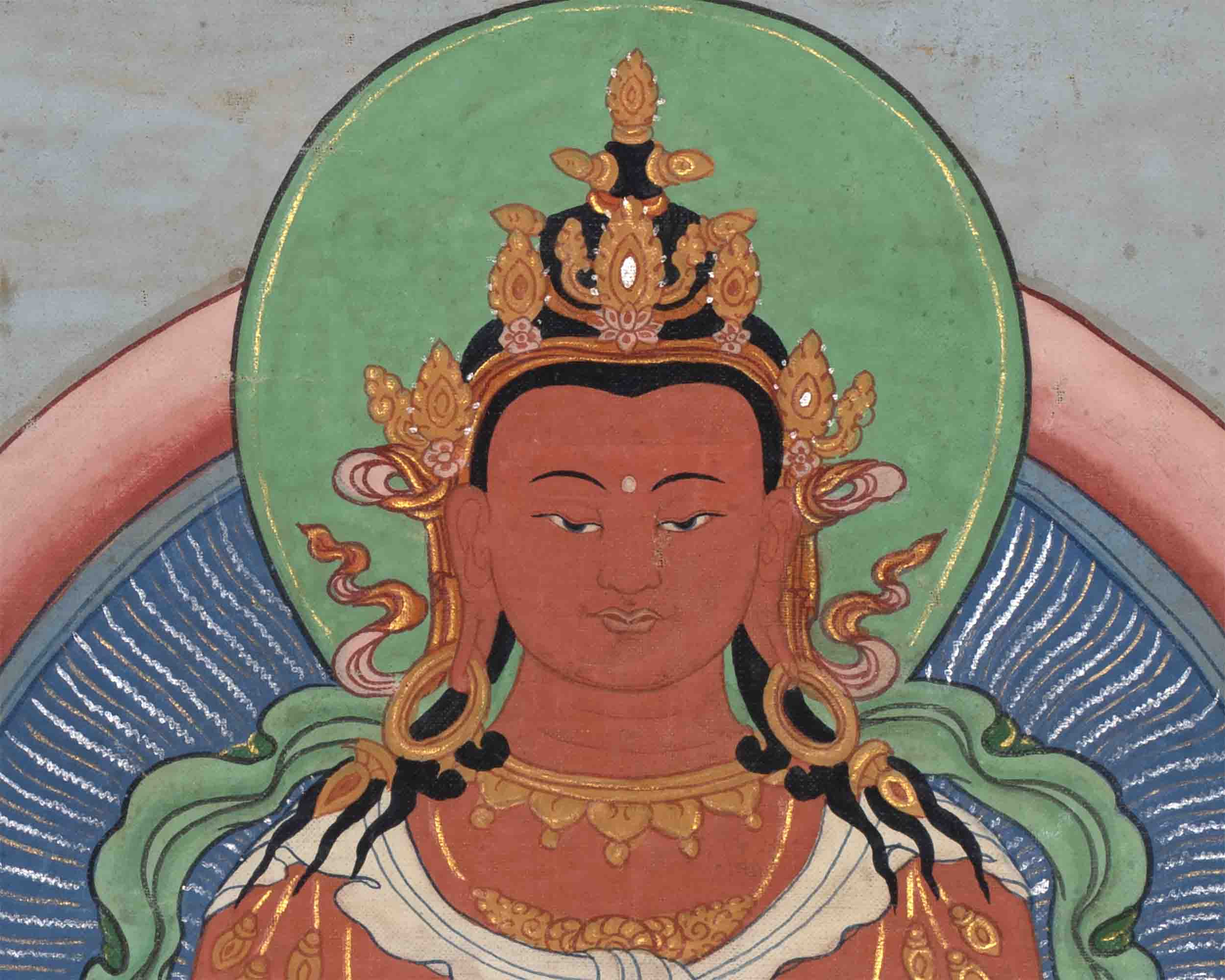 Vintage Amitayus Buddha With Soft Colors | Original Hand-Painted Tibetan Thangka Painting