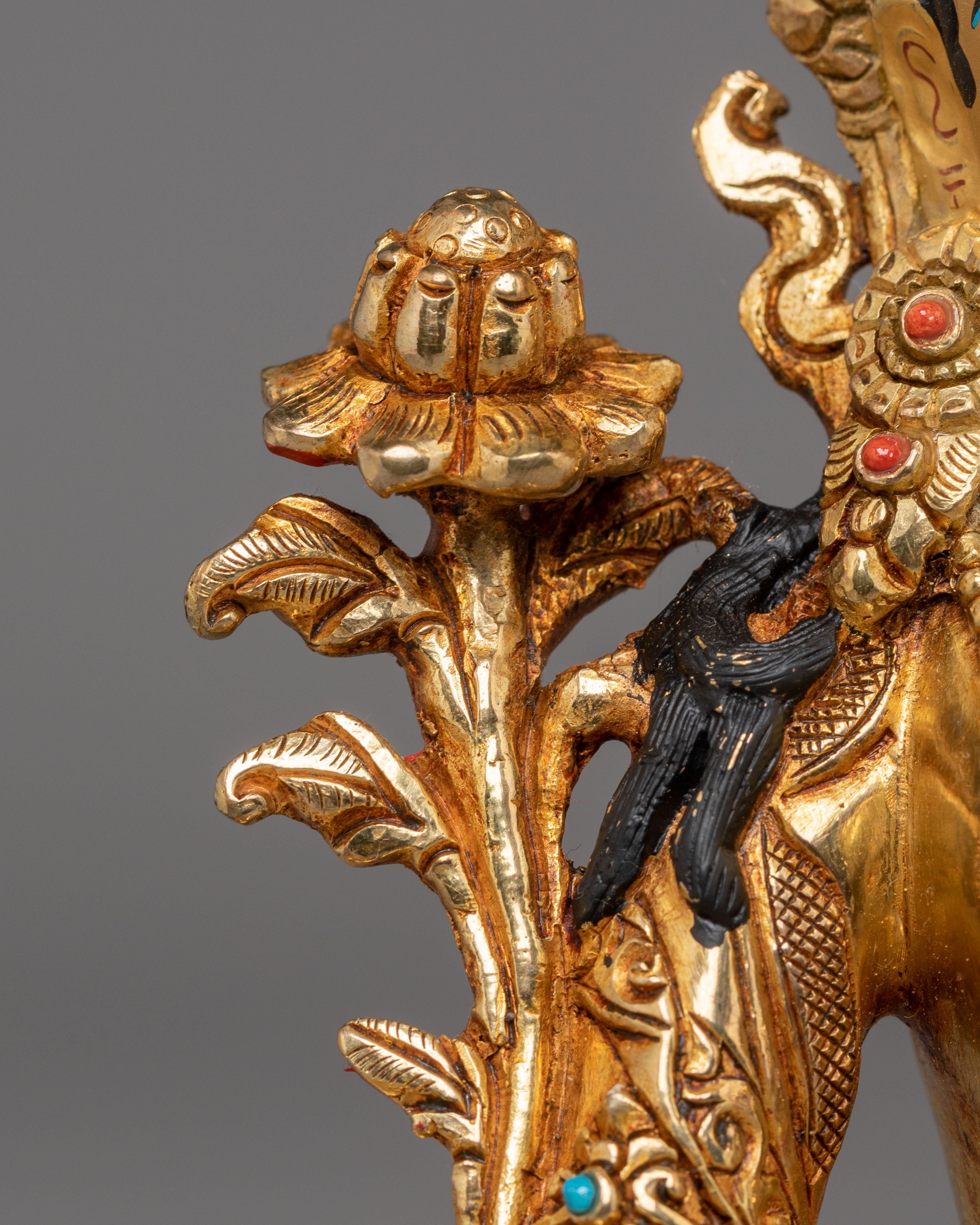 Mother Shyama Tara Sacred Statue | Gold Plated Copper Sculpture with Coral & Turquoise