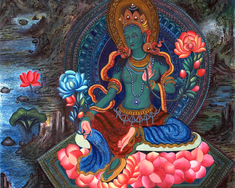 Genuine Hand-Painted Newari Style Green Tara | Contemporary (Modern) Painting