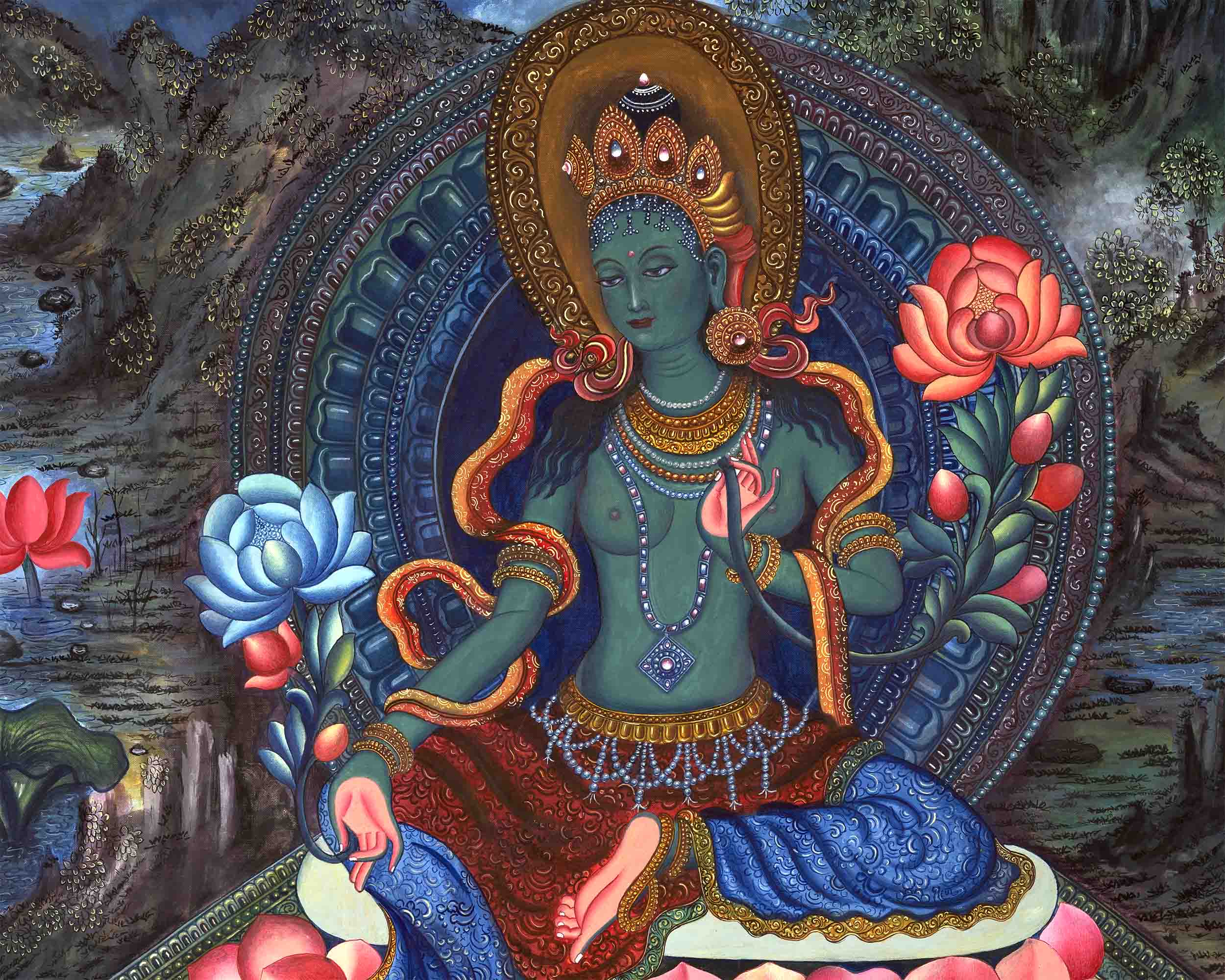 Genuine Hand-Painted Newari Style Green Tara | Contemporary (Modern) Painting