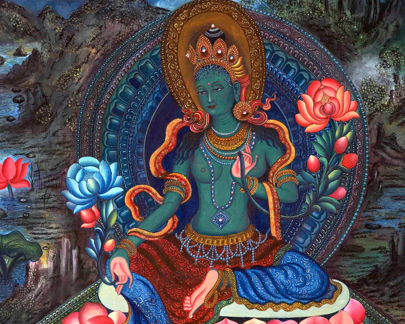 Genuine Hand-Painted Newari Style Green Tara | Contemporary (Modern) Painting