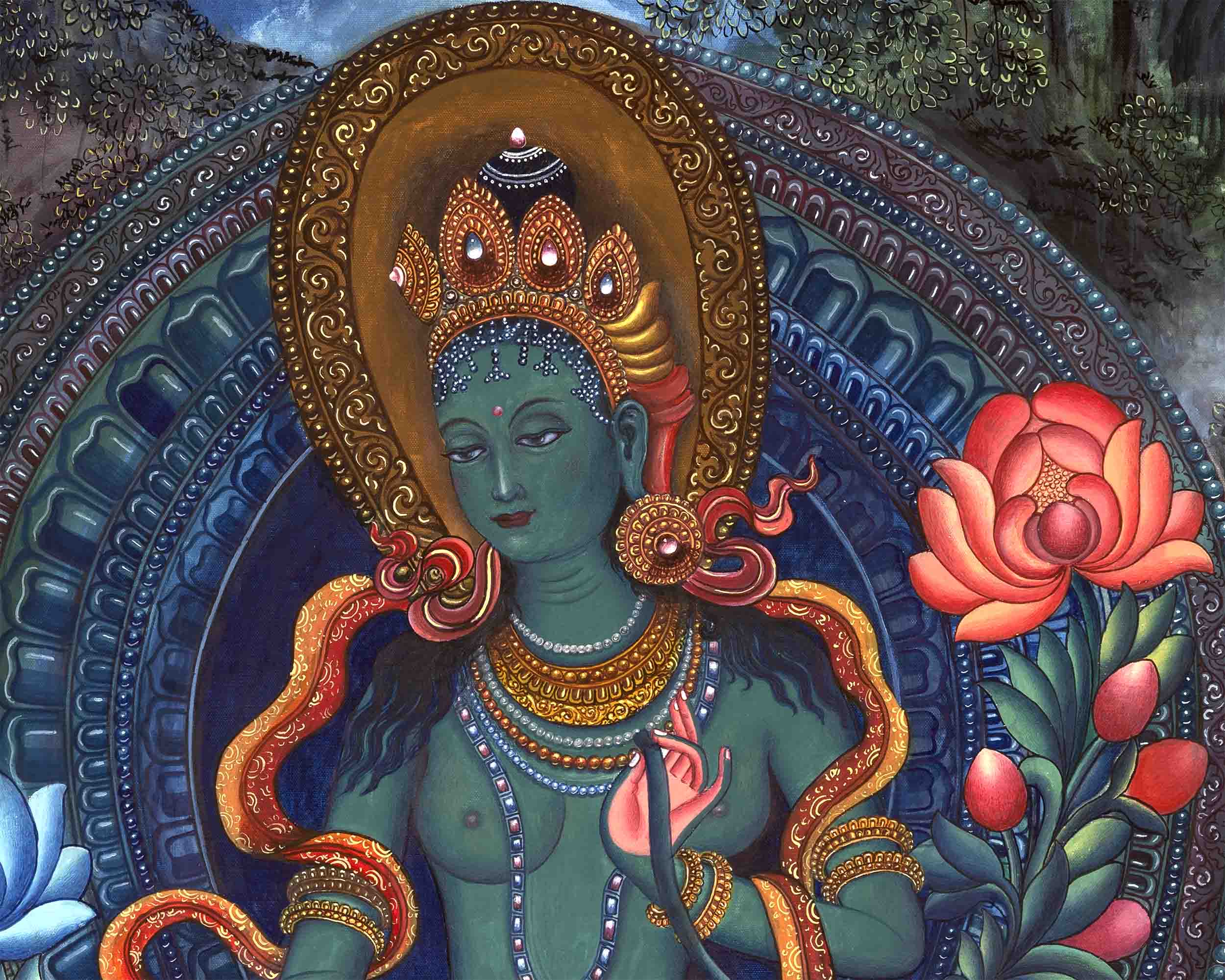 Genuine Hand-Painted Newari Style Green Tara | Contemporary (Modern) Painting