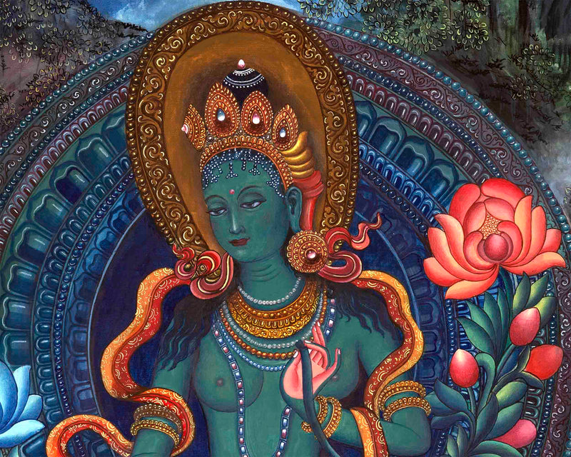 Genuine Hand-Painted Newari Style Green Tara | Contemporary (Modern) Painting