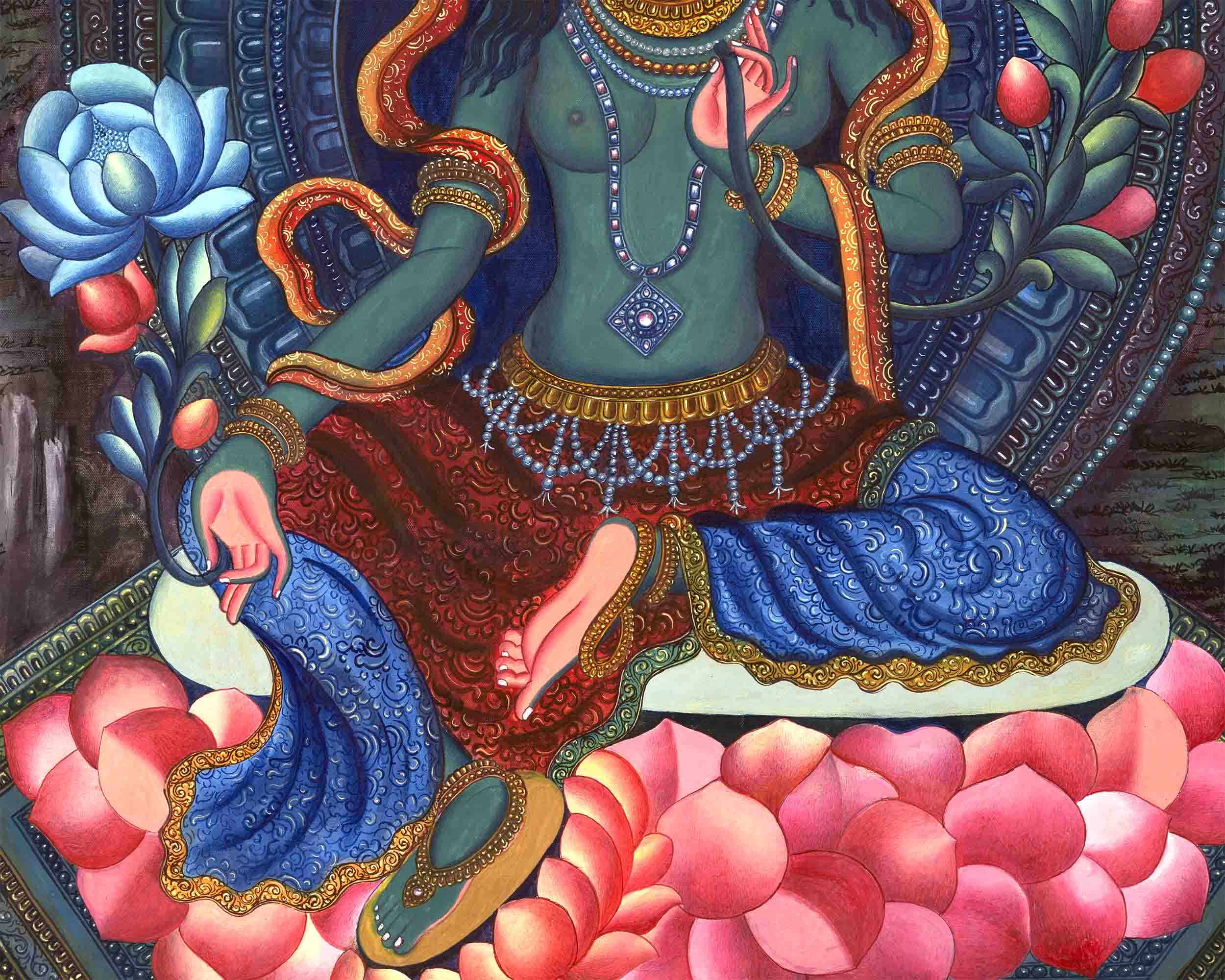Genuine Hand-Painted Newari Style Green Tara | Contemporary (Modern) Painting