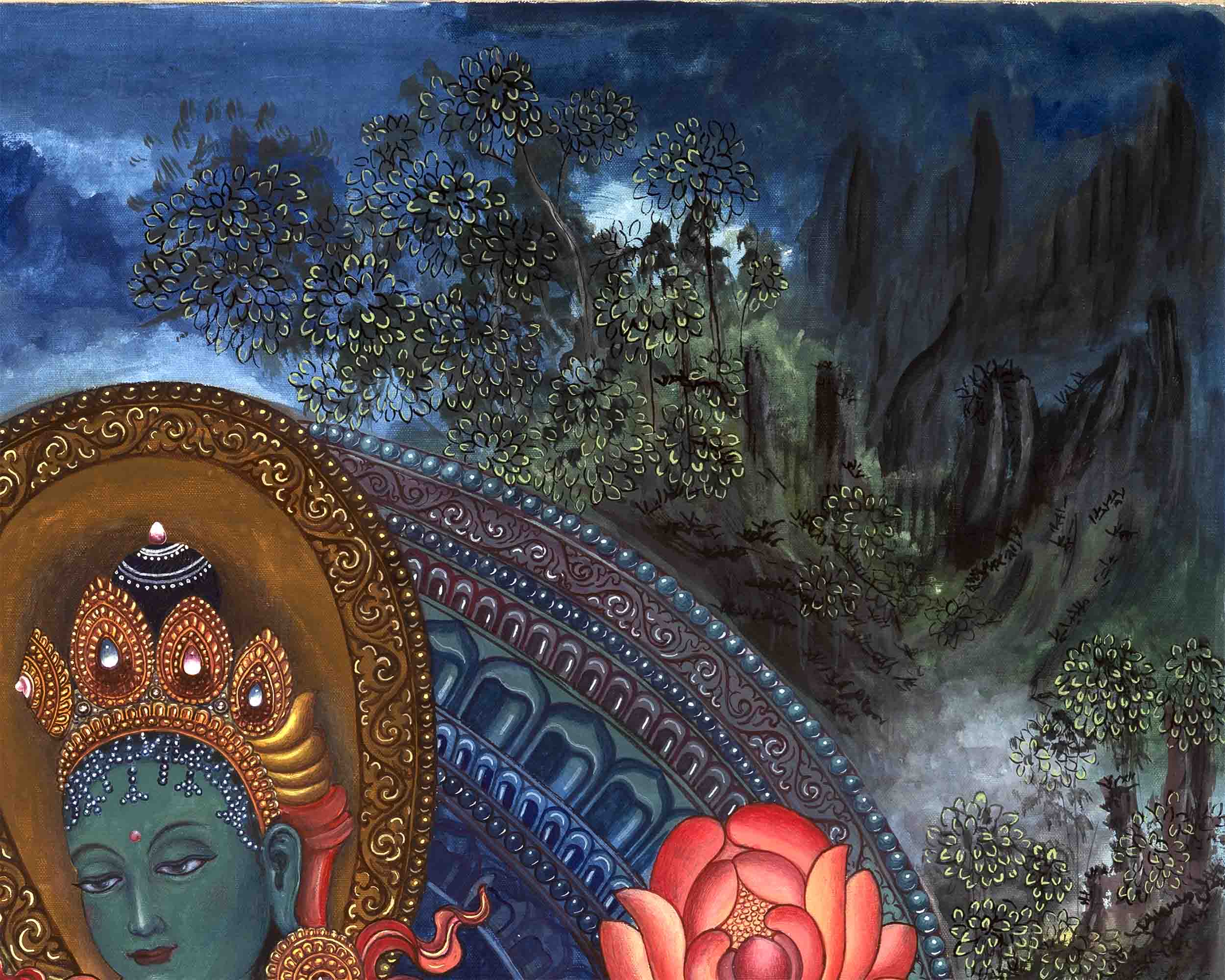 Genuine Hand-Painted Newari Style Green Tara | Contemporary (Modern) Painting