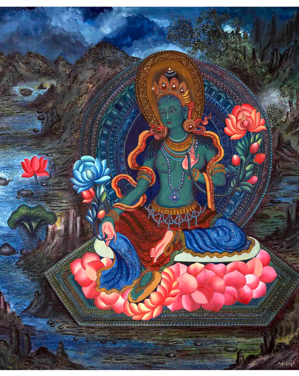 The Genuine Hand-Painted Newari Style Green Tara represents the essence of the Newari artistic tradition and the divine presence of Green Tara, a respected figure in Buddhism. 