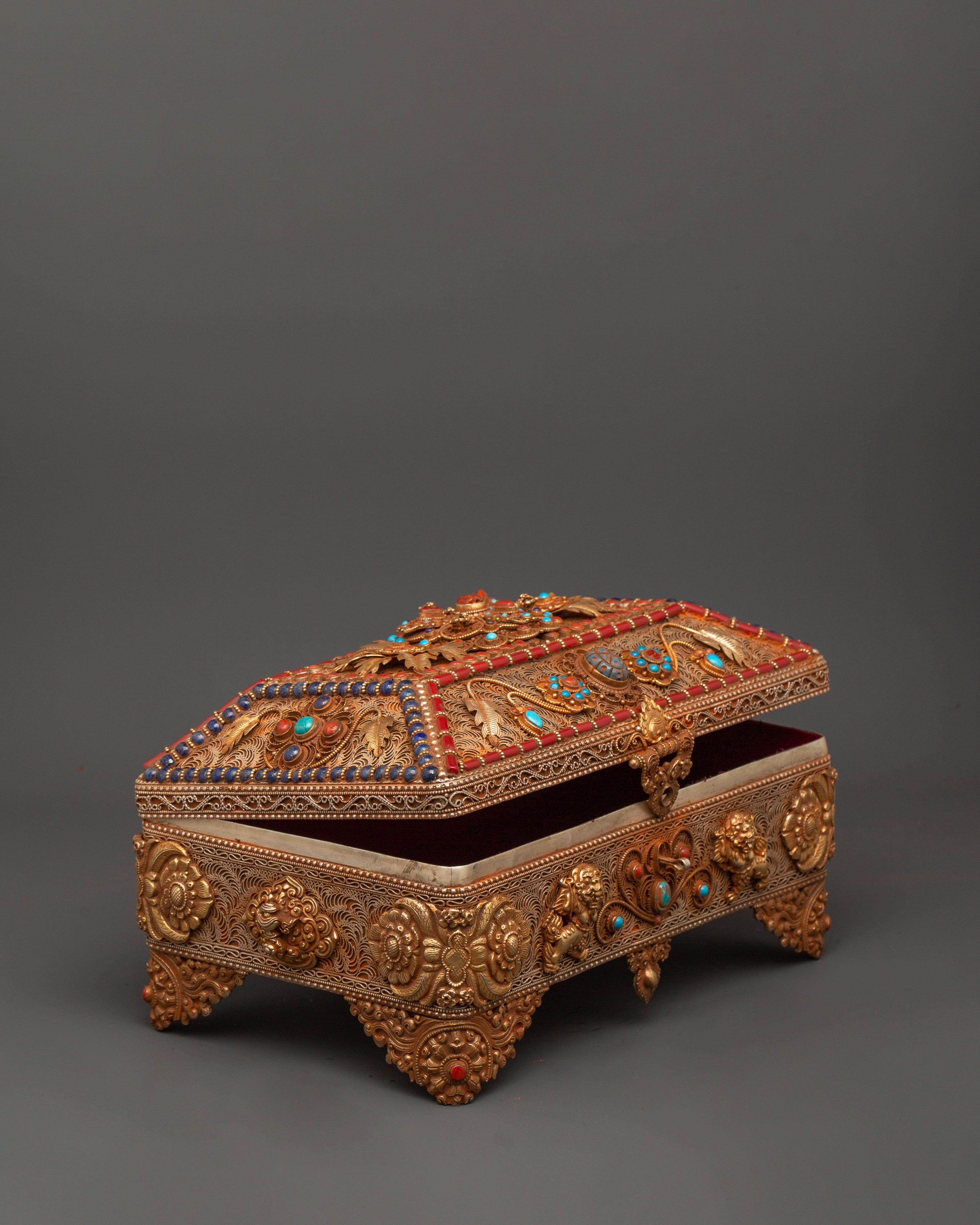 Tibetan Treasure Box with Turquoise and Coral | Buddhist Decor