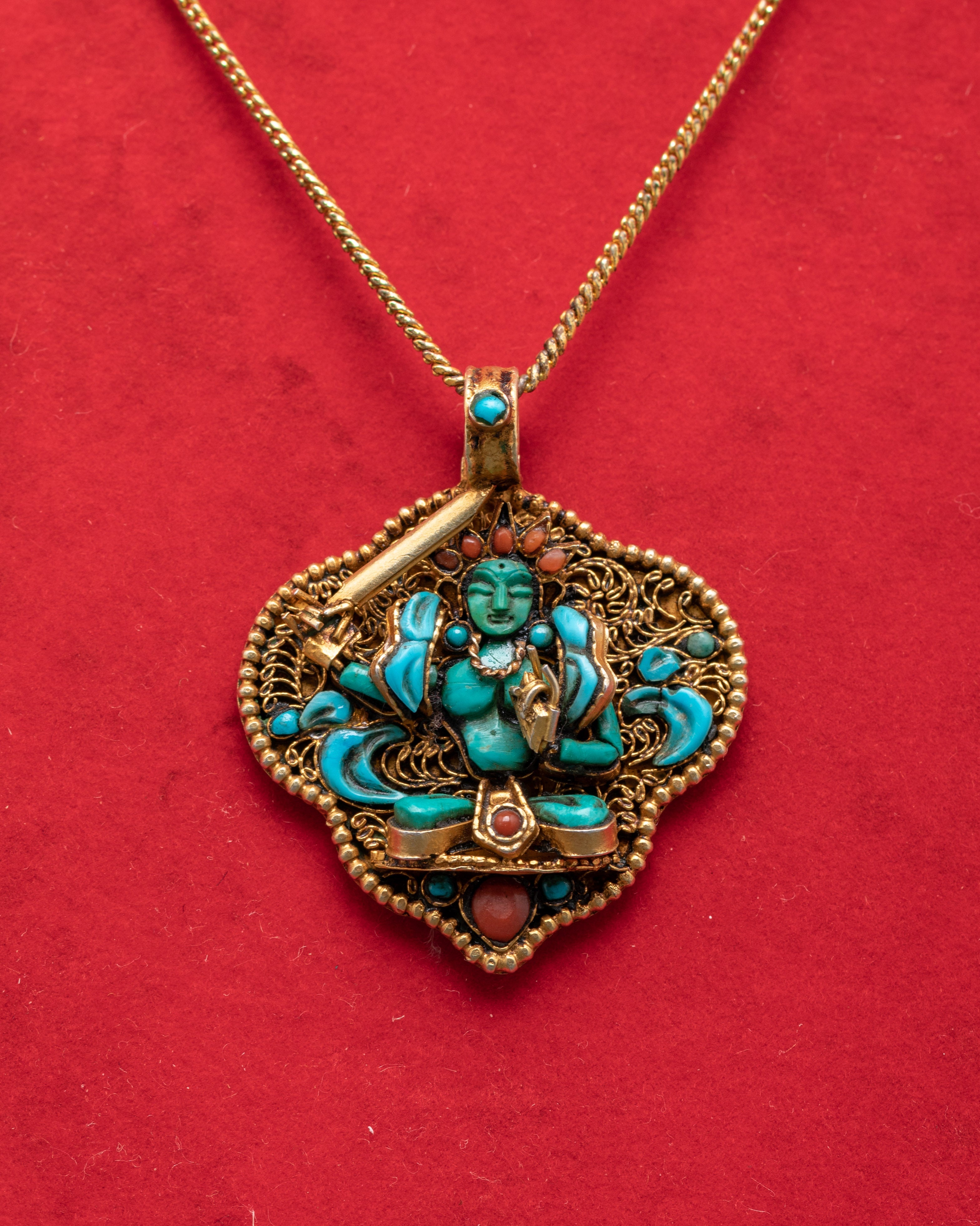 Handcrafted Manjushri Pendant | Silver, Gold Plated with Turquoise & Coral Stones