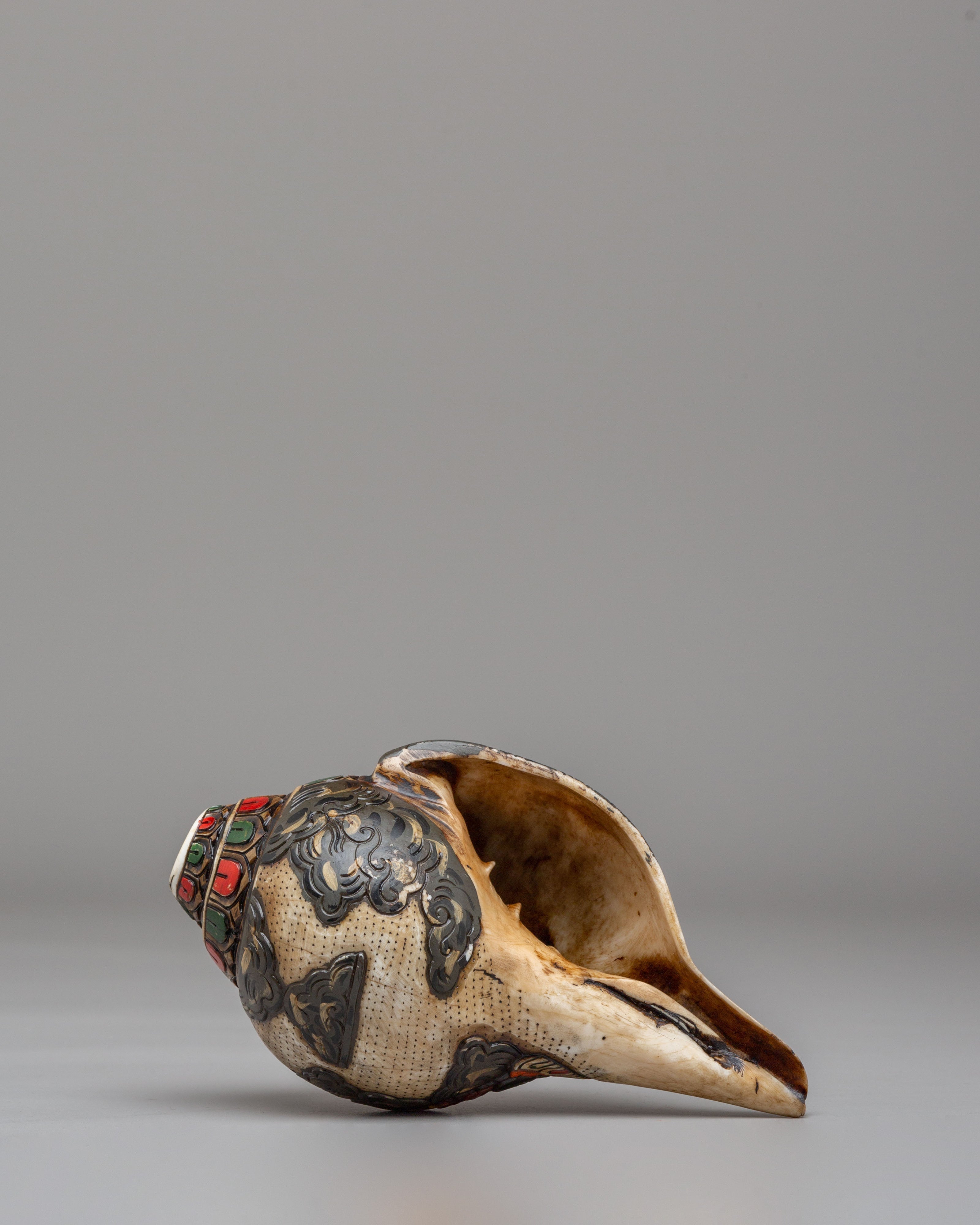 Dzambhala Carved Ritual Conch | Tibetan Buddhist Altar Decor