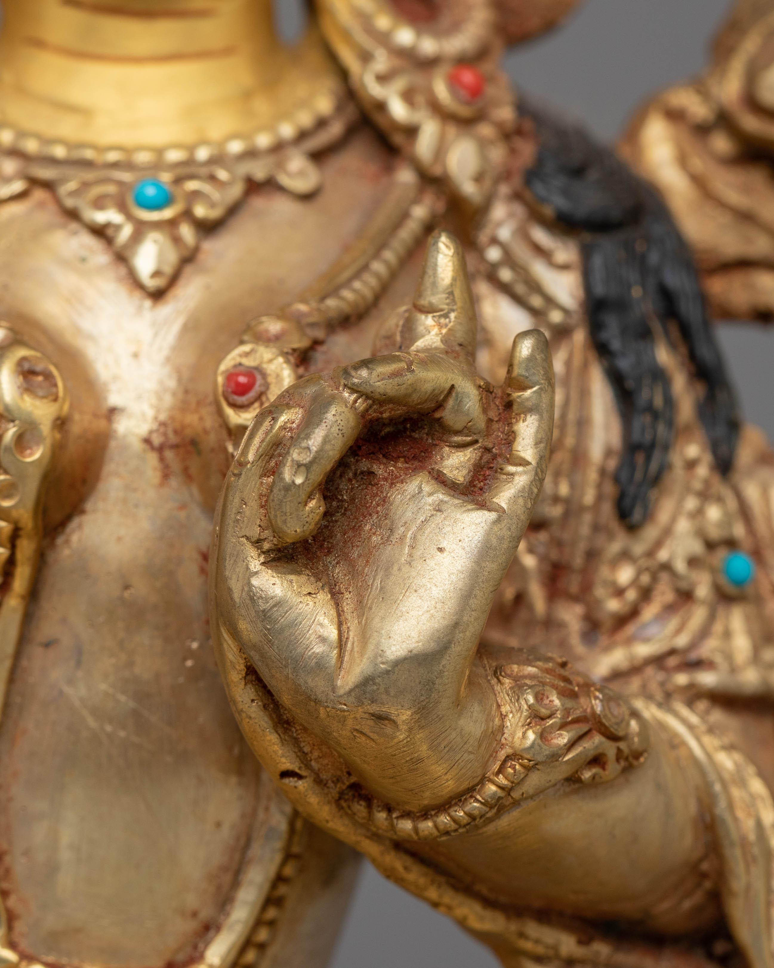 Handcrafted Green Tara Copper Statue with Spiritual Motifs