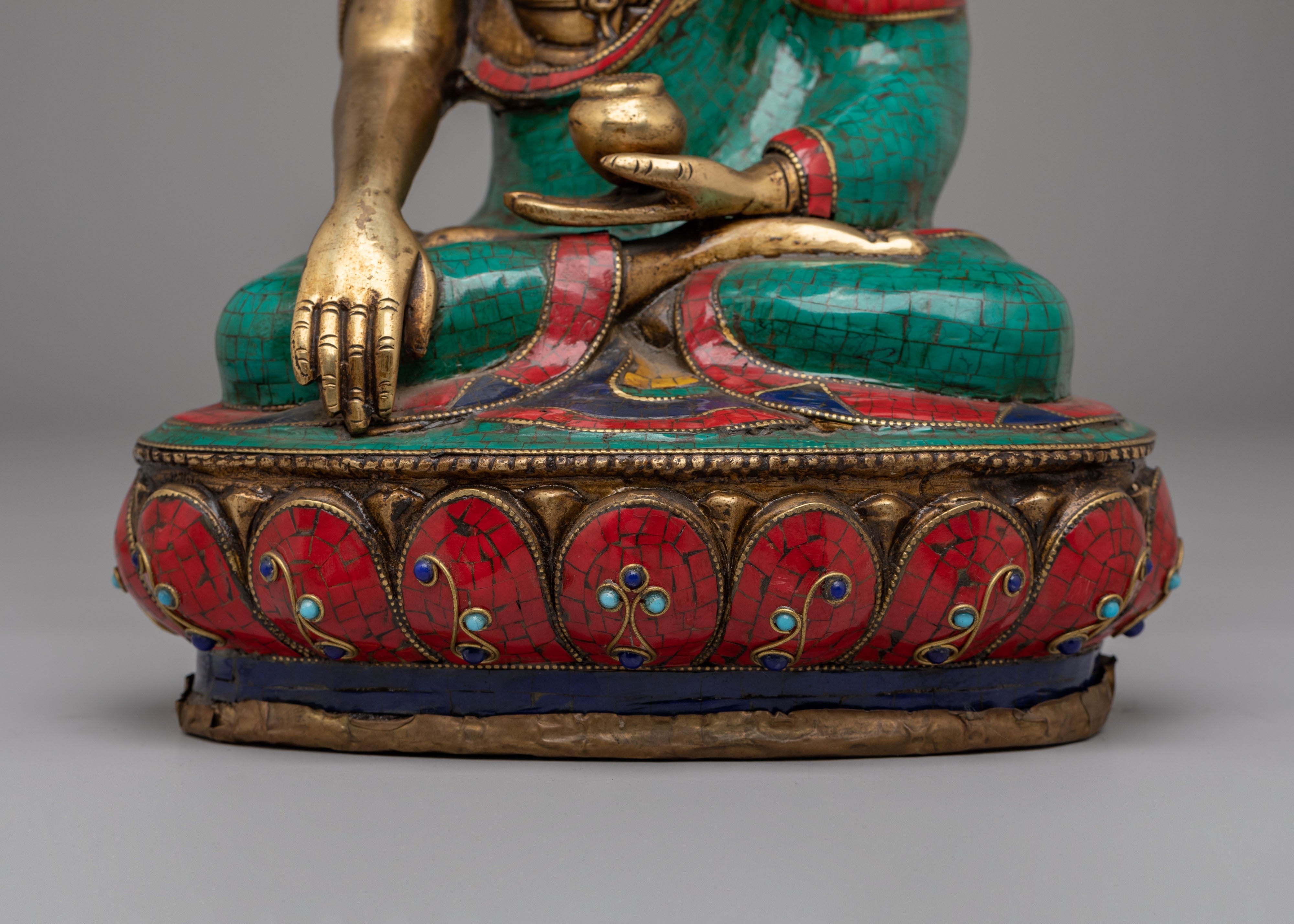 Scared Shakyamuni Buddha Statue | Handcrafted Brass Statue with Gemstones