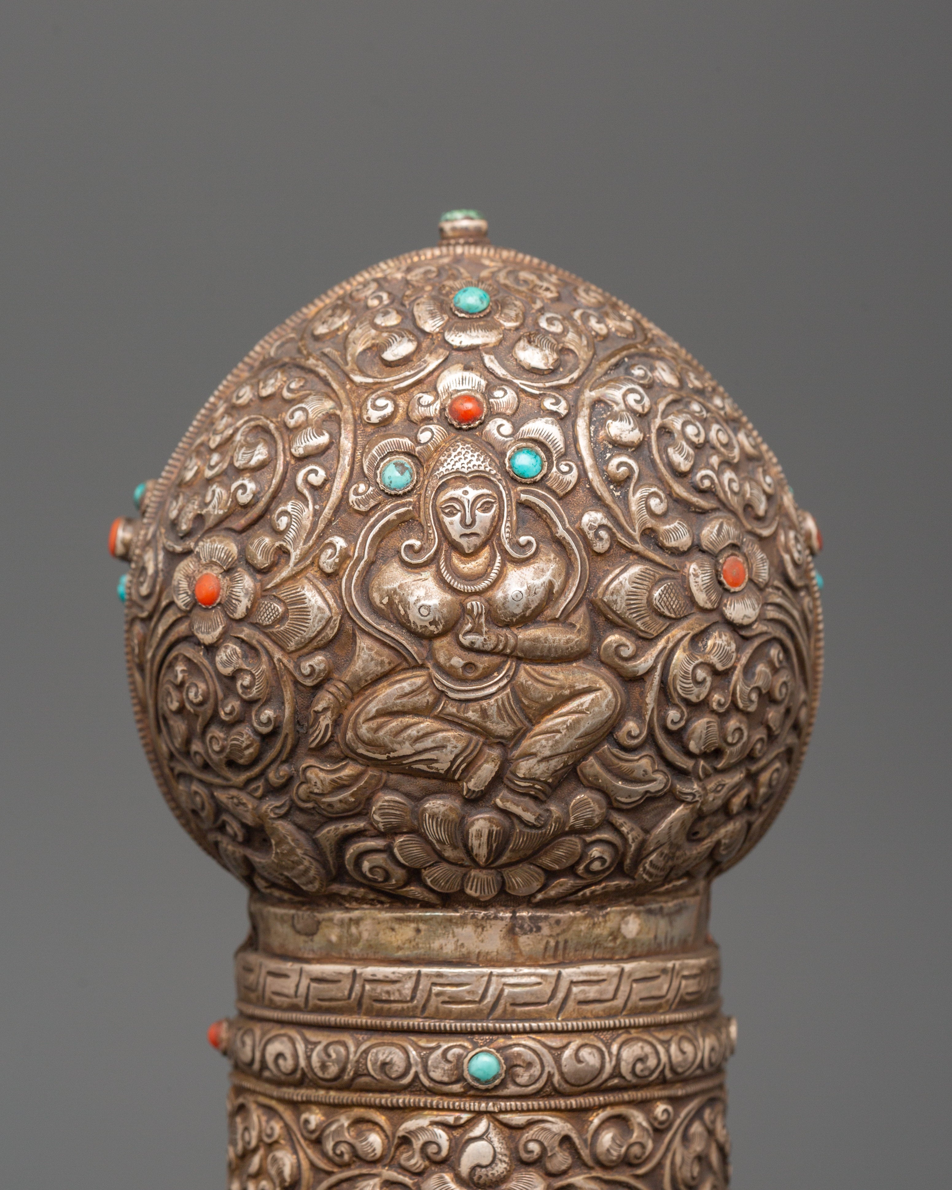Pure Silver Tibetan Stamp | Handcrafted Ritual Seal with Turquoise & Coral Stone
