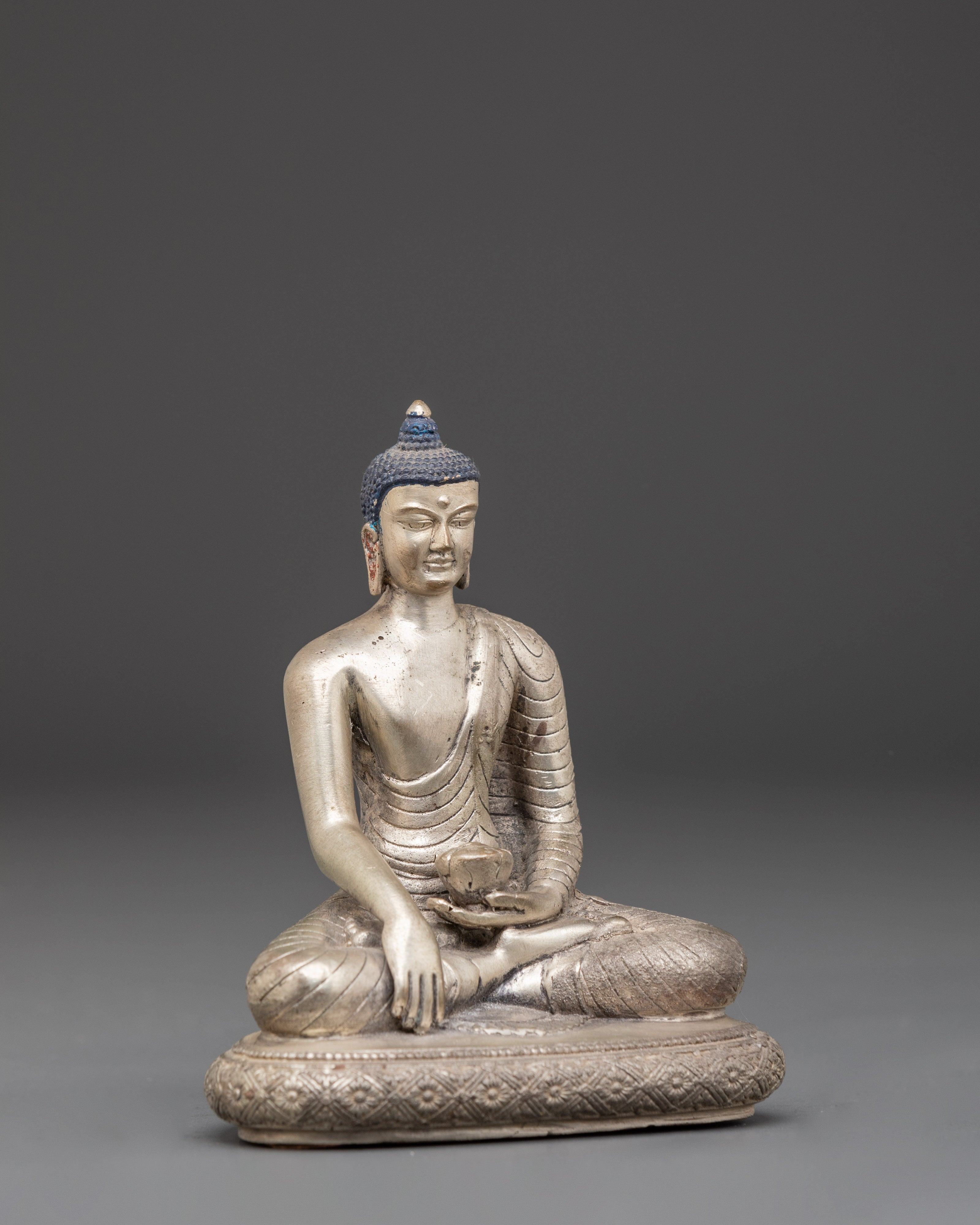 Handmade Himalayan Shakyamuni Buddha Statue | Silver Plated Copper Meditation Art