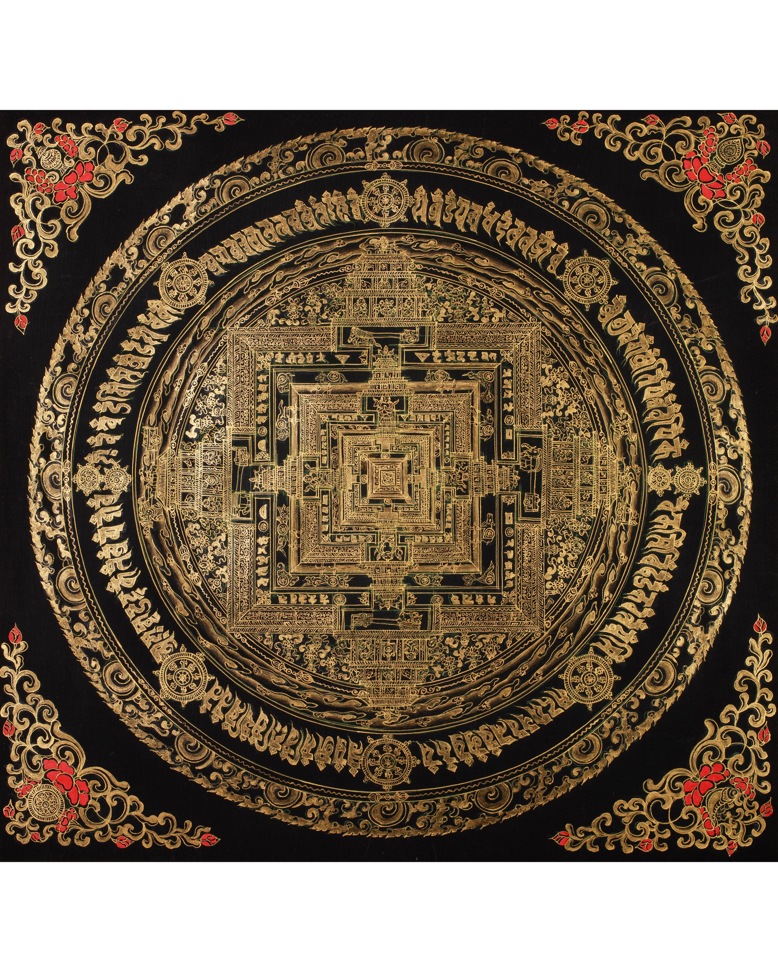 Hand-Painted Gold and Black Kalachakra Mandala | Sacred Wheel of Time Painting