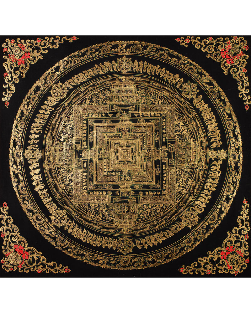 Hand-Painted Gold and Black Kalachakra Mandala | Sacred Wheel of Time Painting