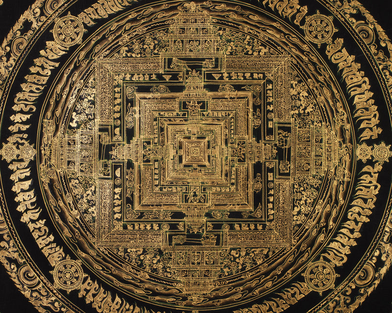 Hand-Painted Gold and Black Kalachakra Mandala | Sacred Wheel of Time Painting