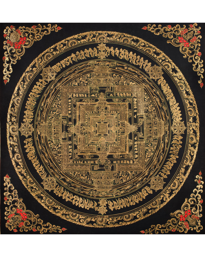 Hand-Painted Gold and Black Kalachakra Mandala | Sacred Wheel of Time Painting