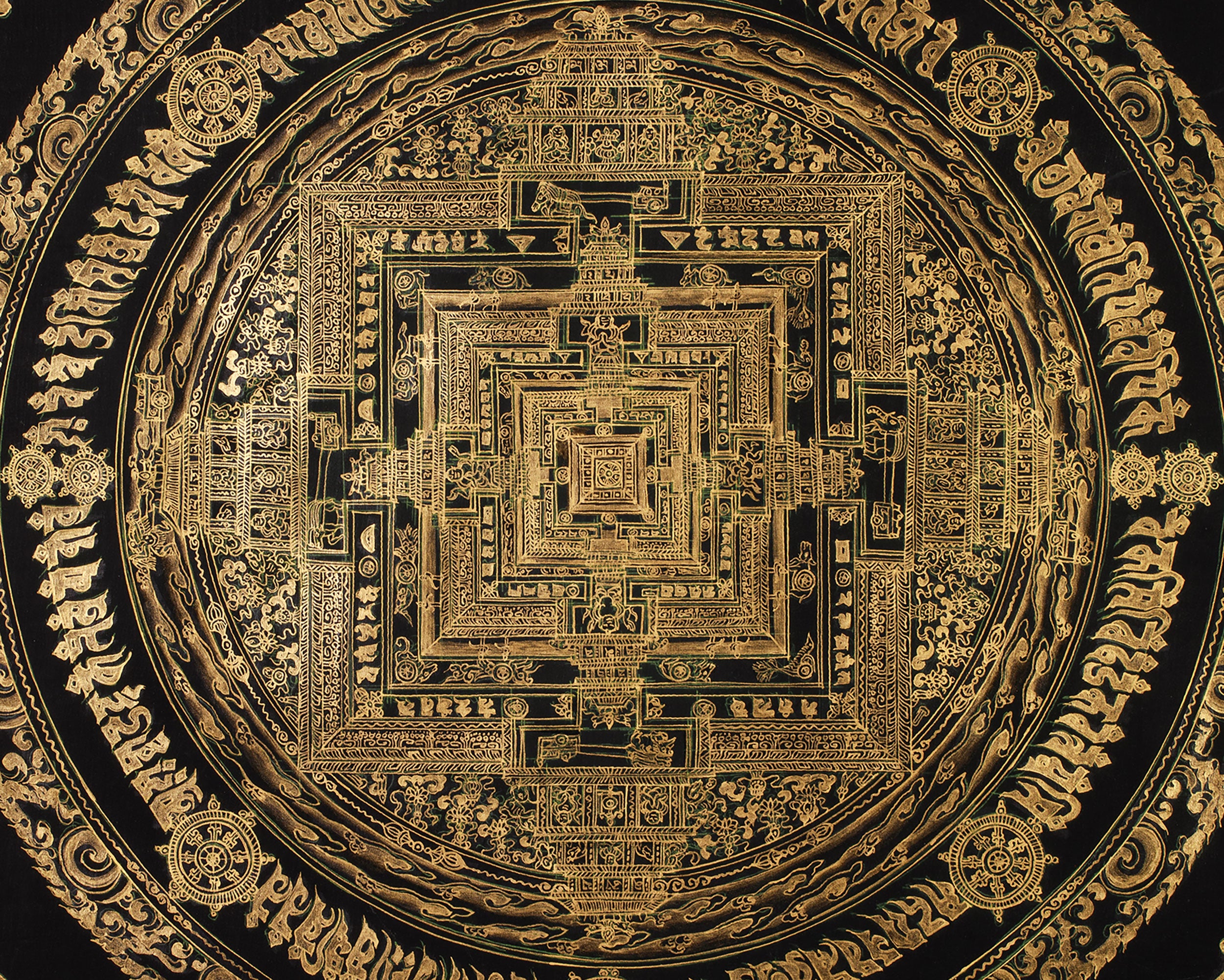 Hand-Painted Gold and Black Kalachakra Mandala | Sacred Wheel of Time Painting