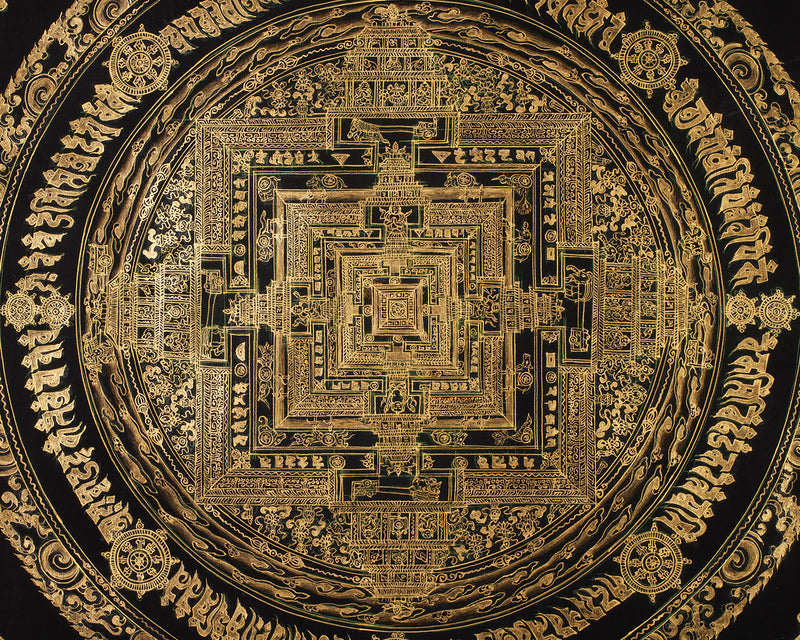 Hand-Painted Gold and Black Kalachakra Mandala | Sacred Wheel of Time Painting