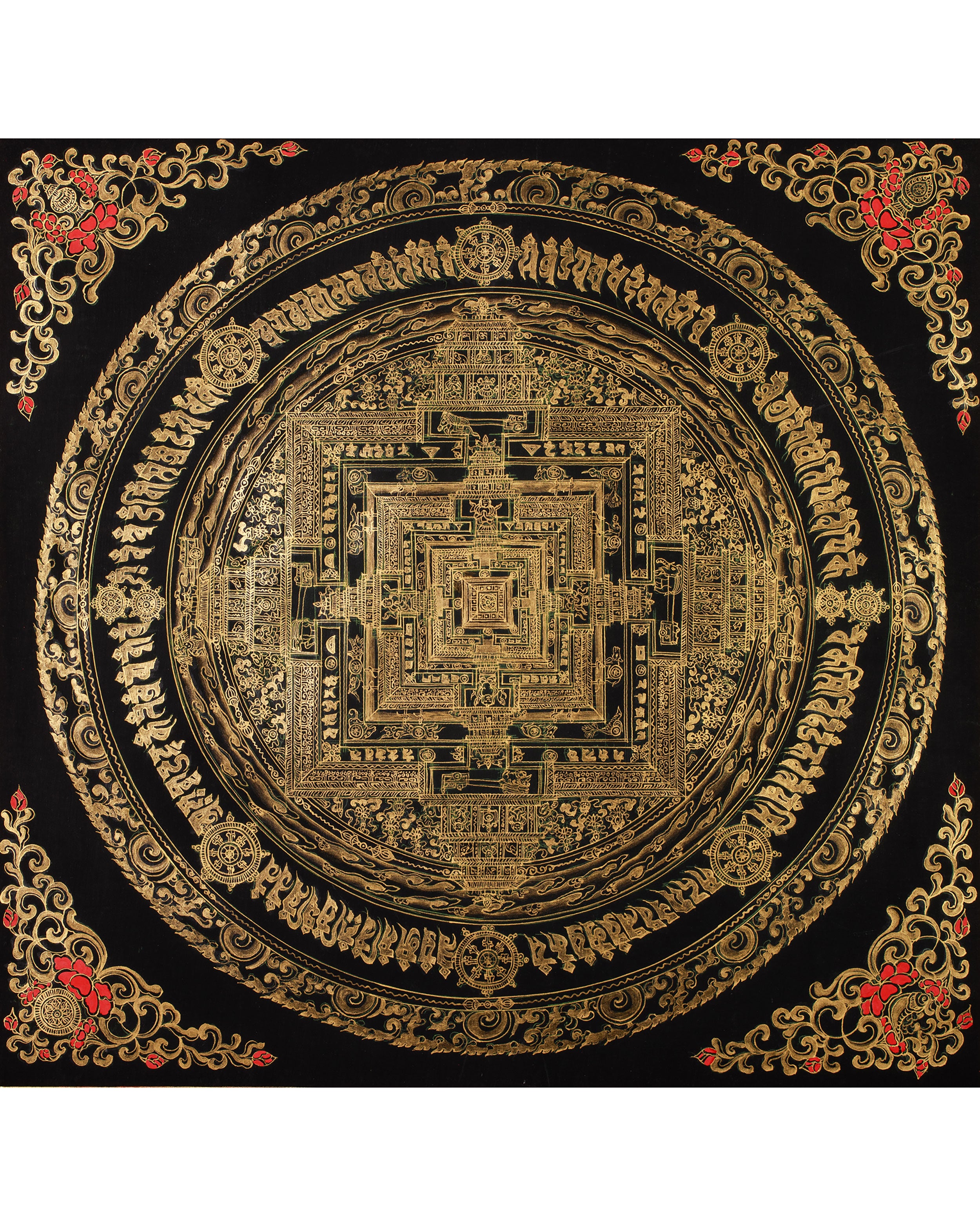 Hand-Painted Gold and Black Kalachakra Mandala | Sacred Wheel of Time Painting