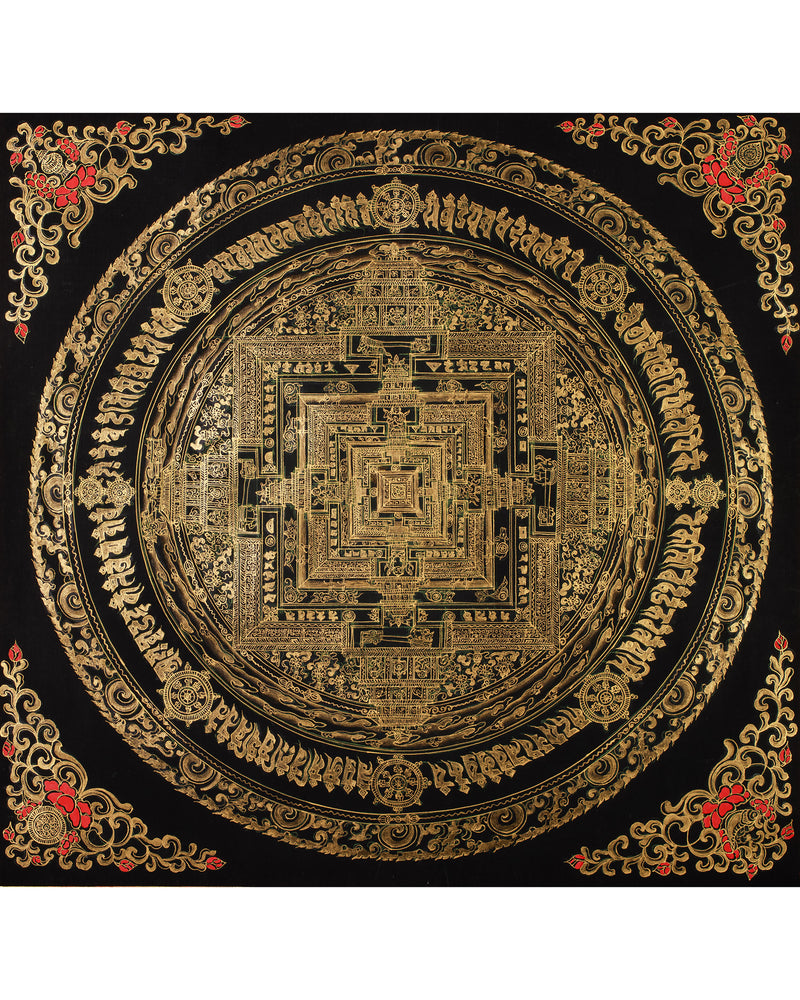 Hand-Painted Gold and Black Kalachakra Mandala | Sacred Wheel of Time Painting