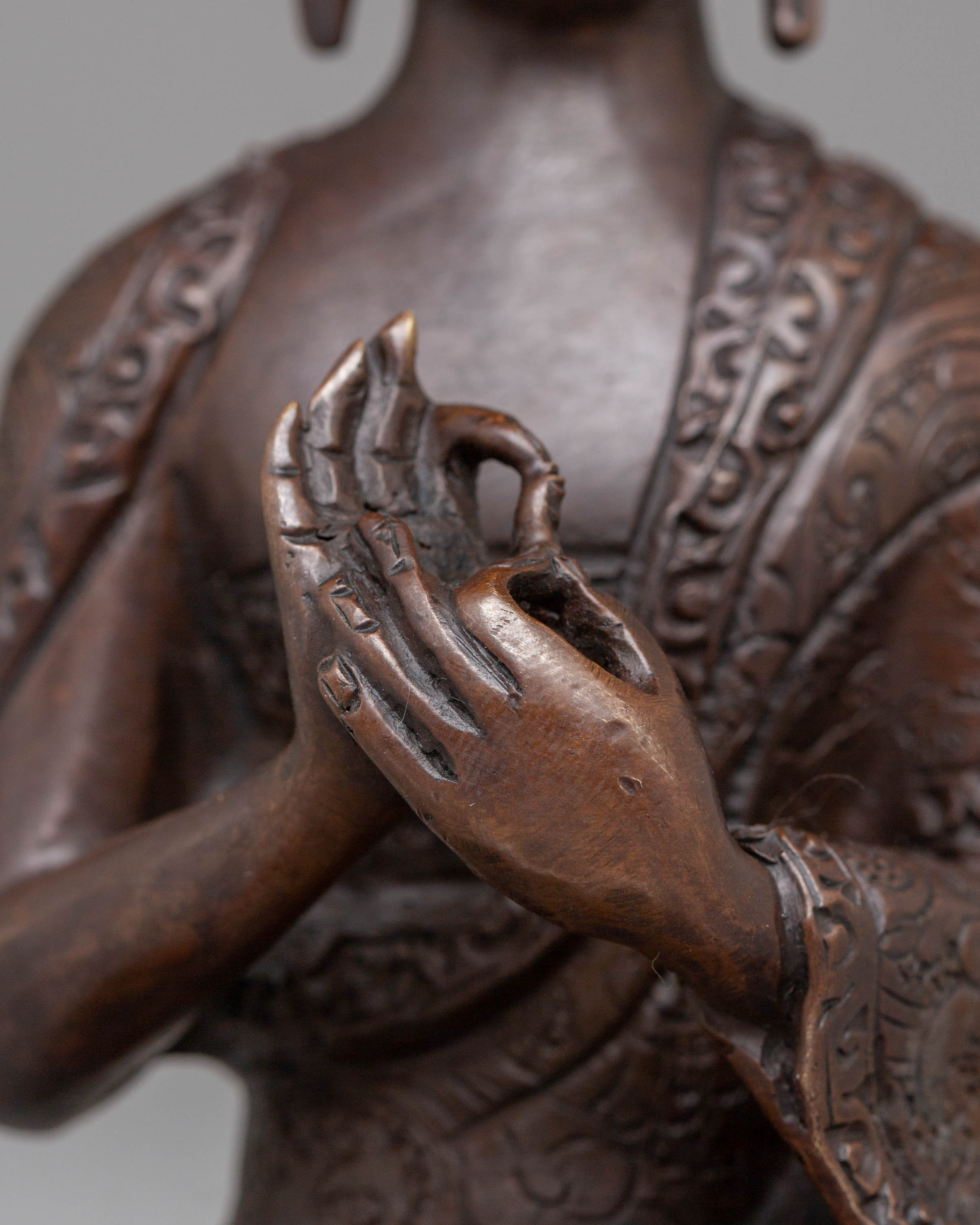 Oxidized Copper Handcrafted Vairocana Sculpture: Cosmic Buddha