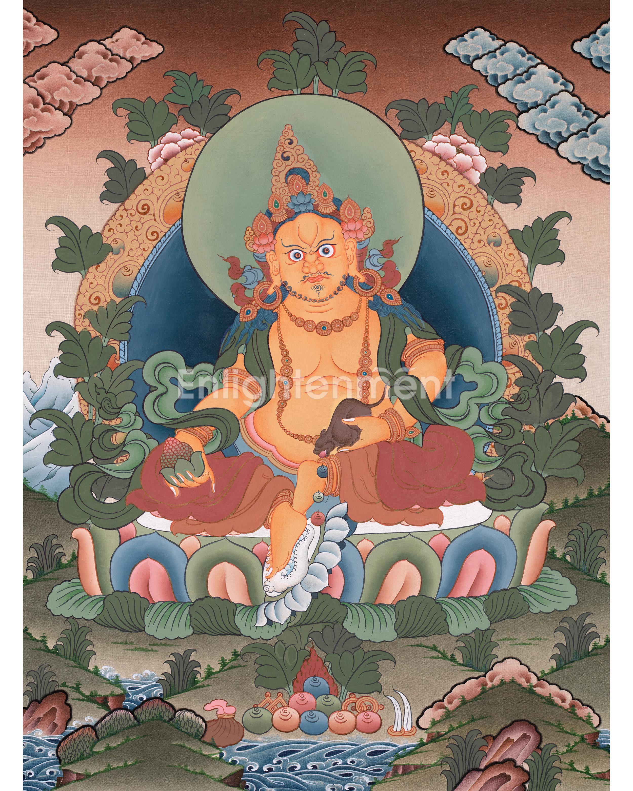 Hand Painted Dzambhala Thangka | Sacred Art for Wealth and Abundance