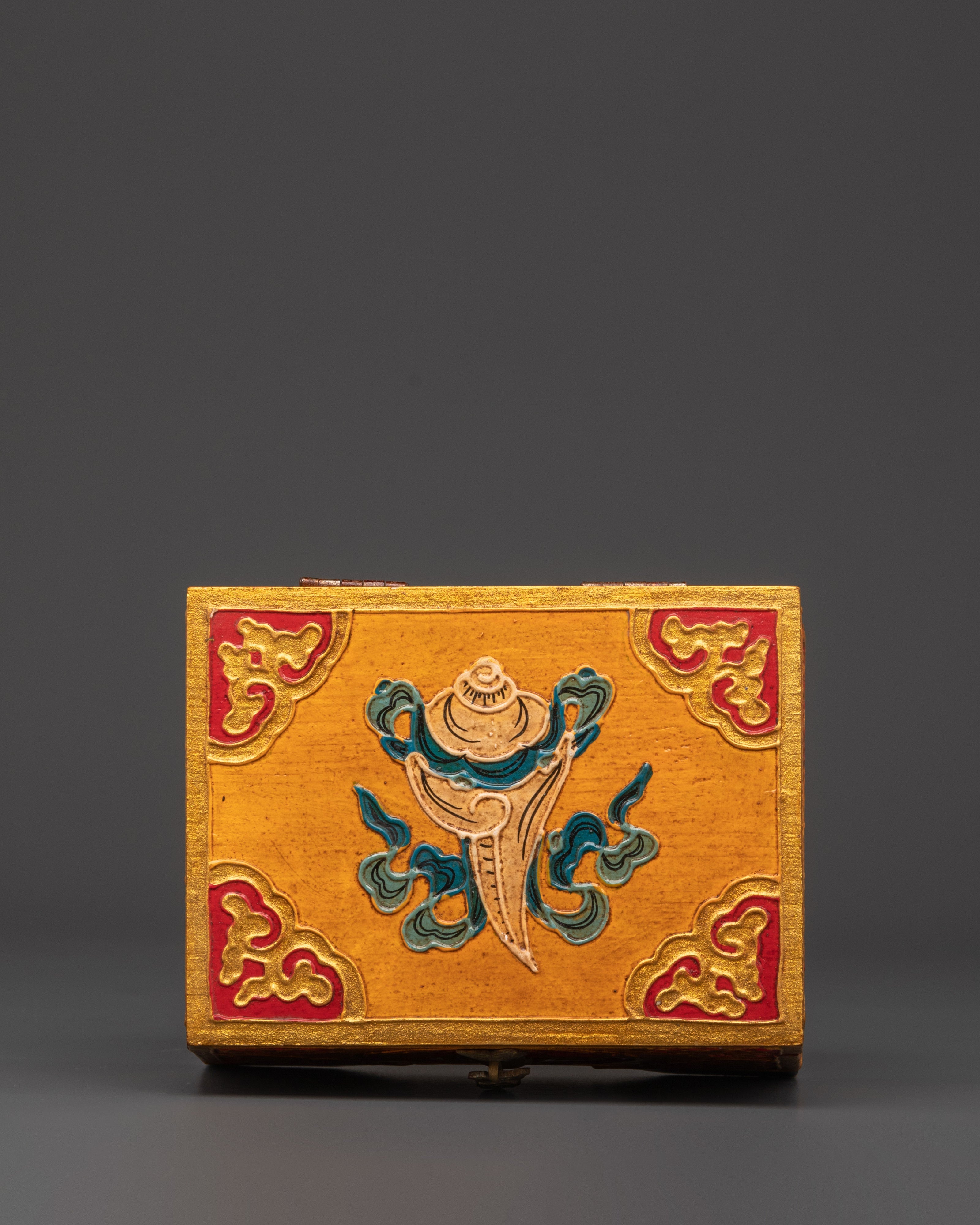 Hand Painted Tibetan Treasure Box | Yellow Red Wood Chest with Cloud Motifs