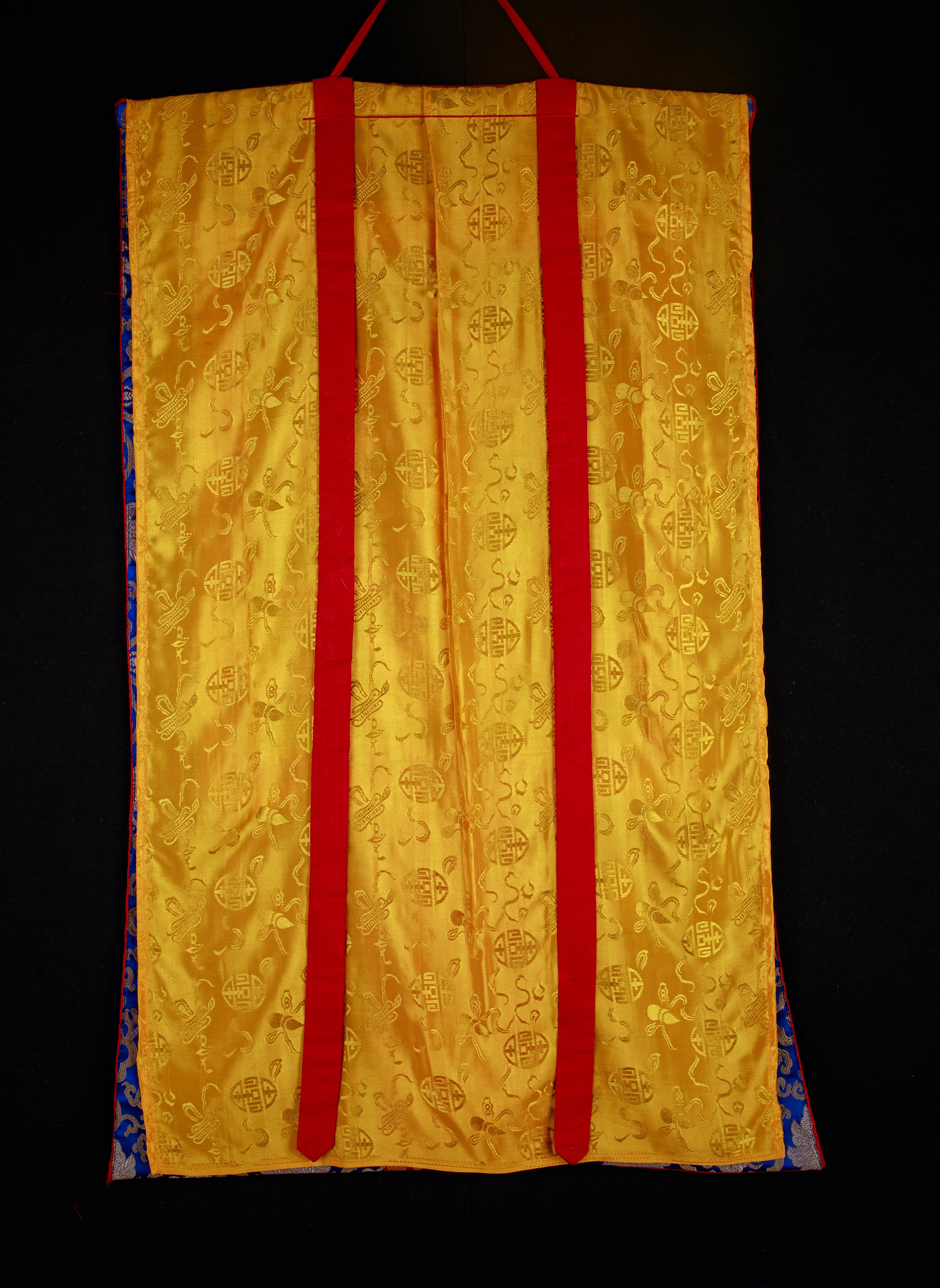 Future Buddha Maitreya Thangka | Sacred Art with Blue and Red Silk Brocade