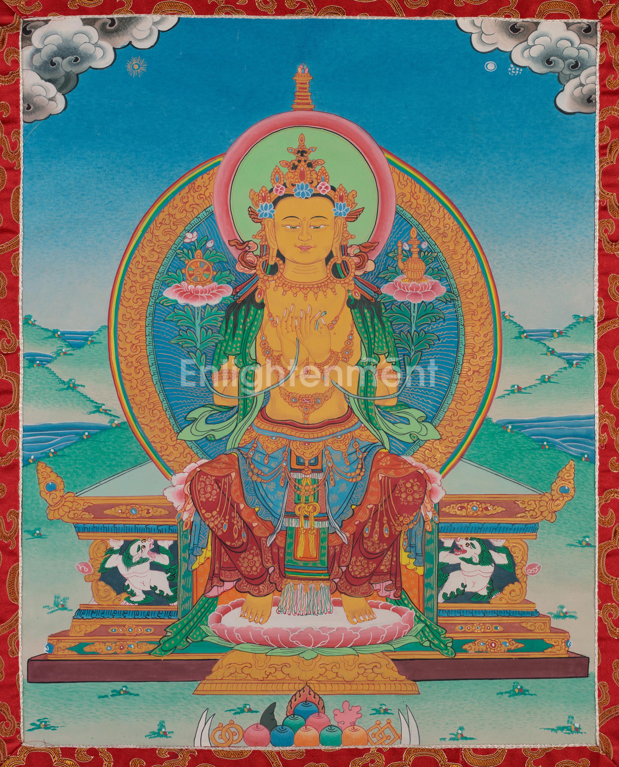 Future Buddha Maitreya Thangka | Sacred Art with Blue and Red Silk Brocade