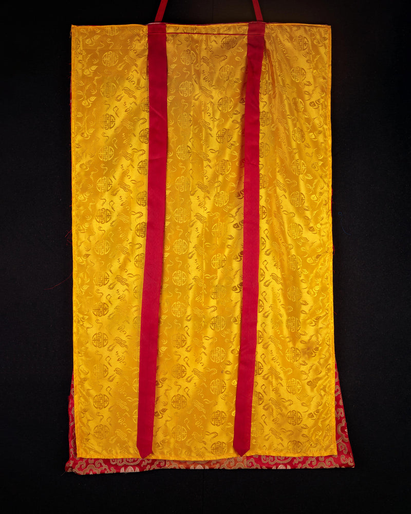 Kalachakra and Vishvamata, Yidam Deity Thangka | Red and Yellow Silk Brocade