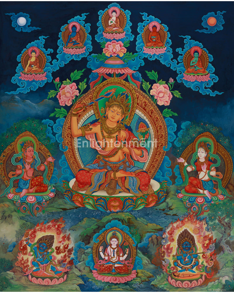 Exquisite Manjushri Painting | 5 Dhyani Buddhas and Bodhisattva | Tibetan Buddhist Wisdom Art