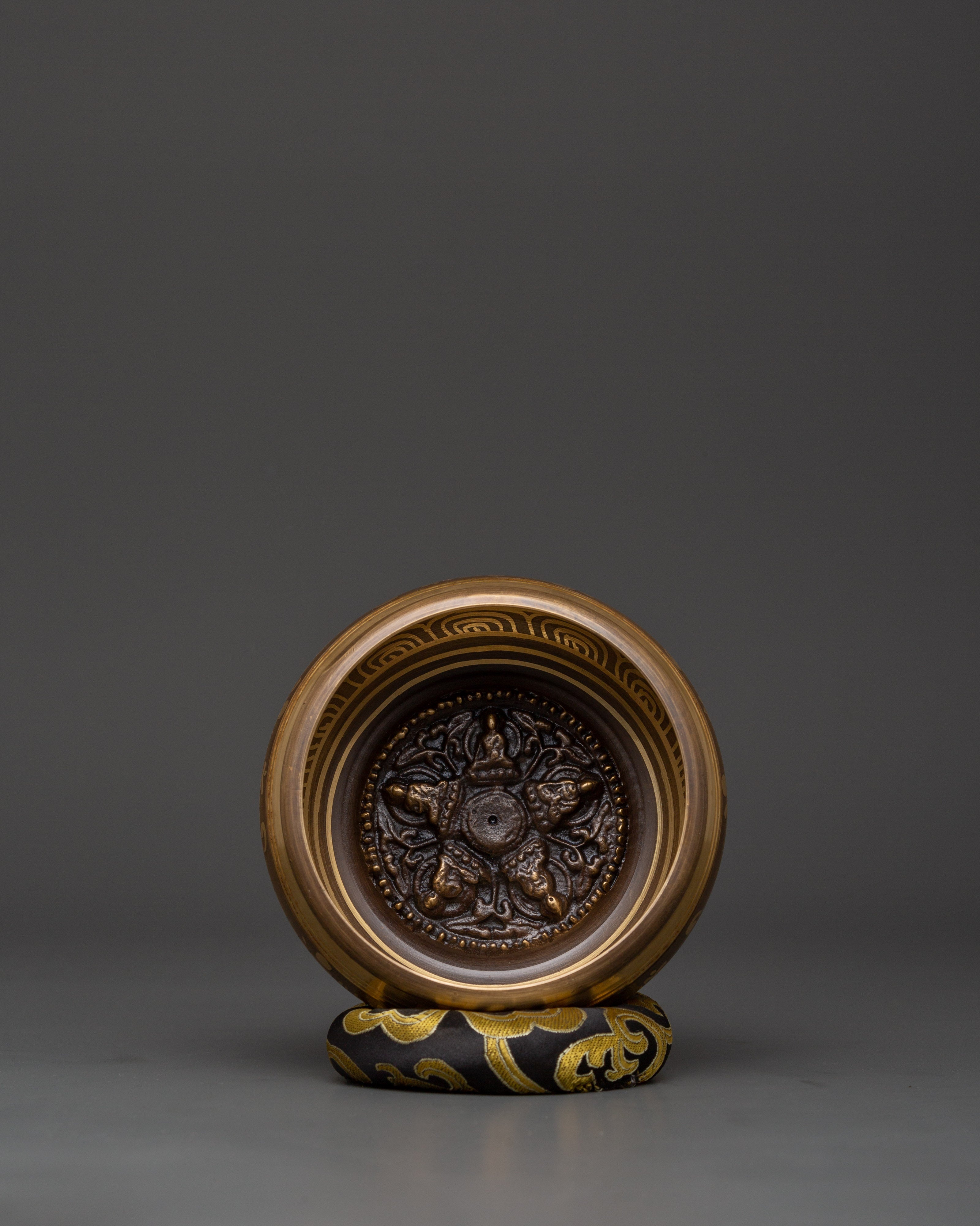 Singing Bowl with Five Buddhas Engraved | Tibetan Bowl with Cushion & Wooden Mallet