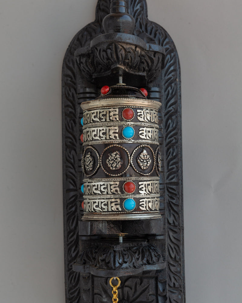 Wall-Mounted Tibetan Prayer Wheel  | Buddhist Spiritual Artifact