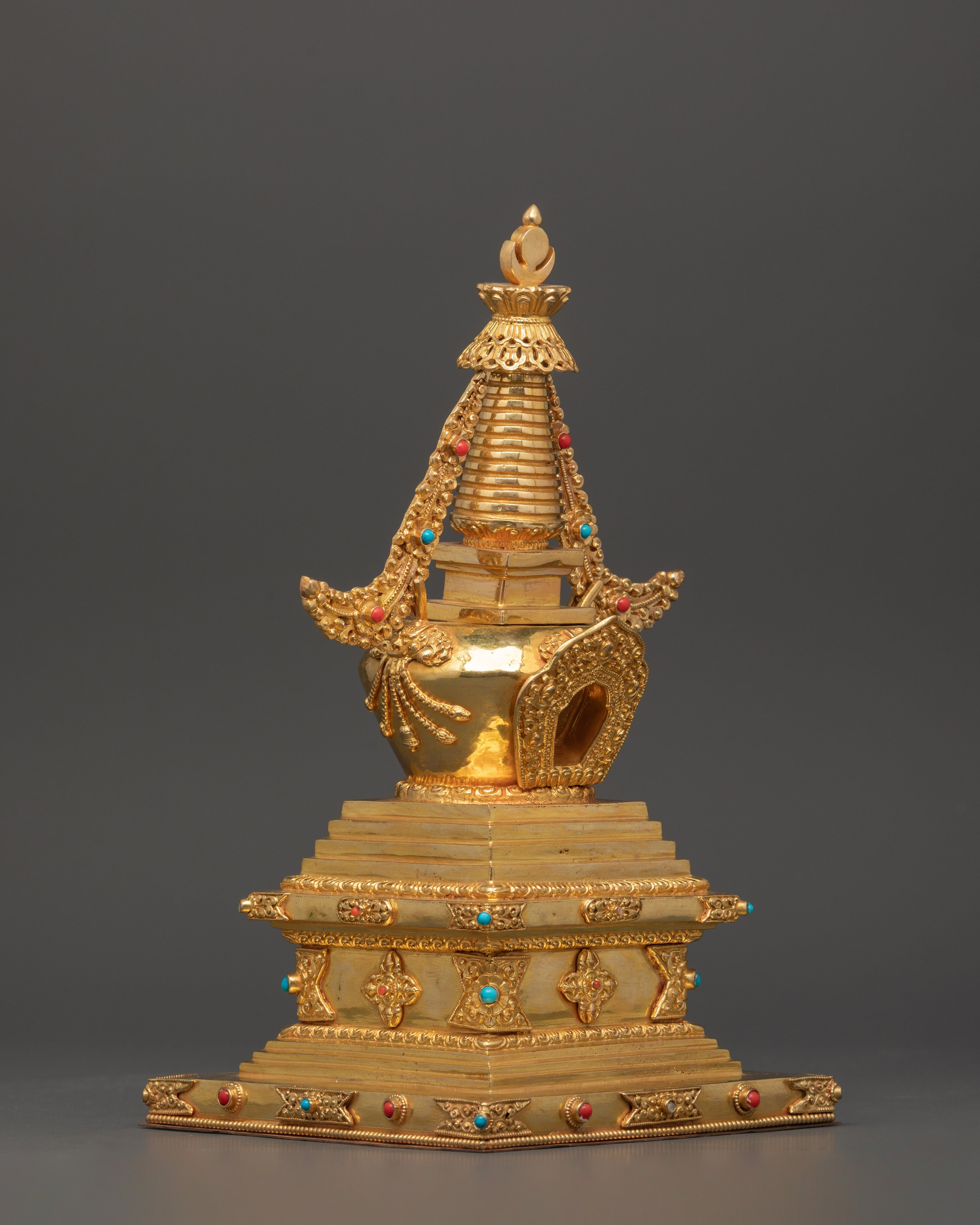 Traditional Tibetan Stupa Art | Copper Gold Plated Stupa Sculpture