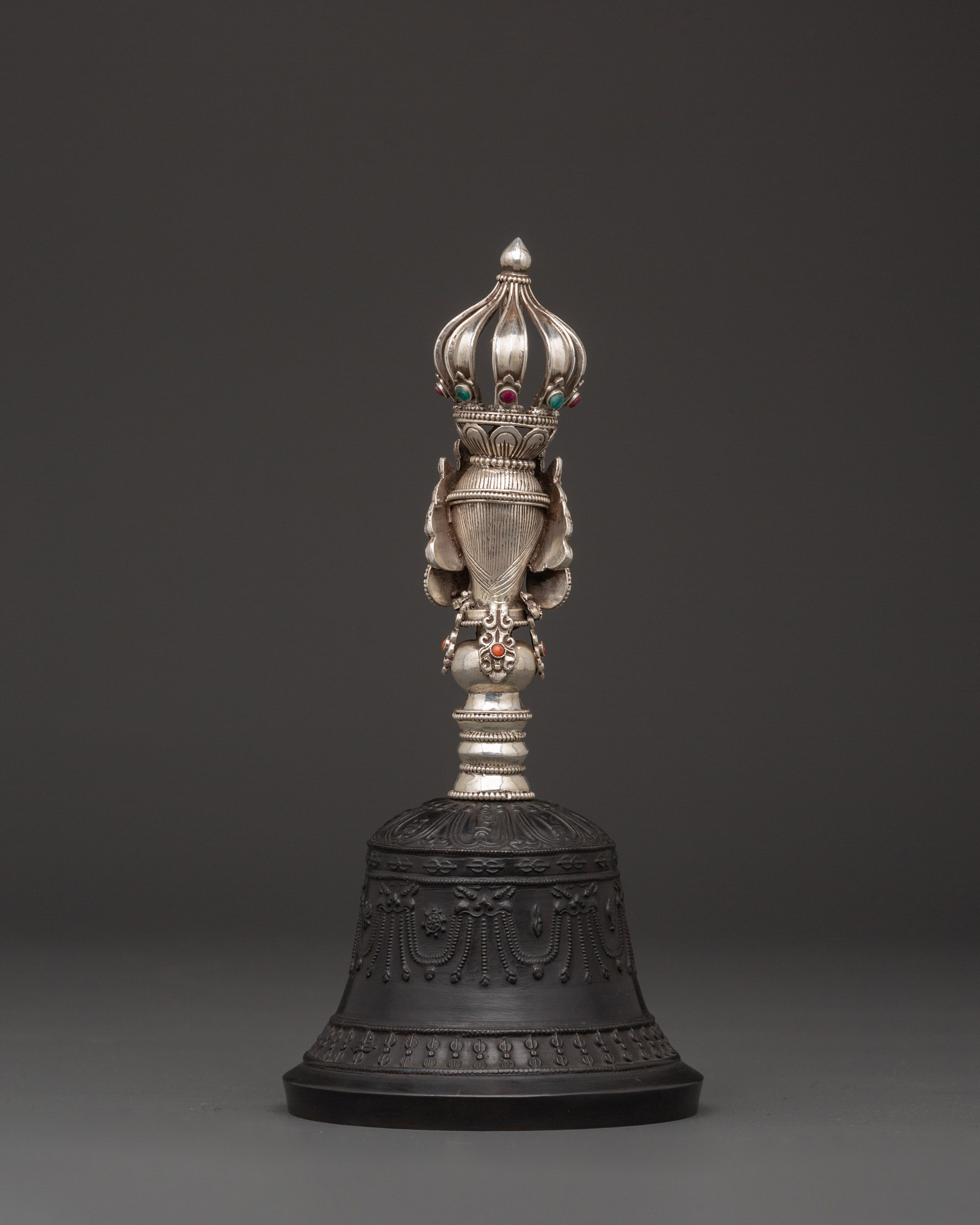Wrathful Deity Engraved Bell and Vajra Set for Tibetan Rituals