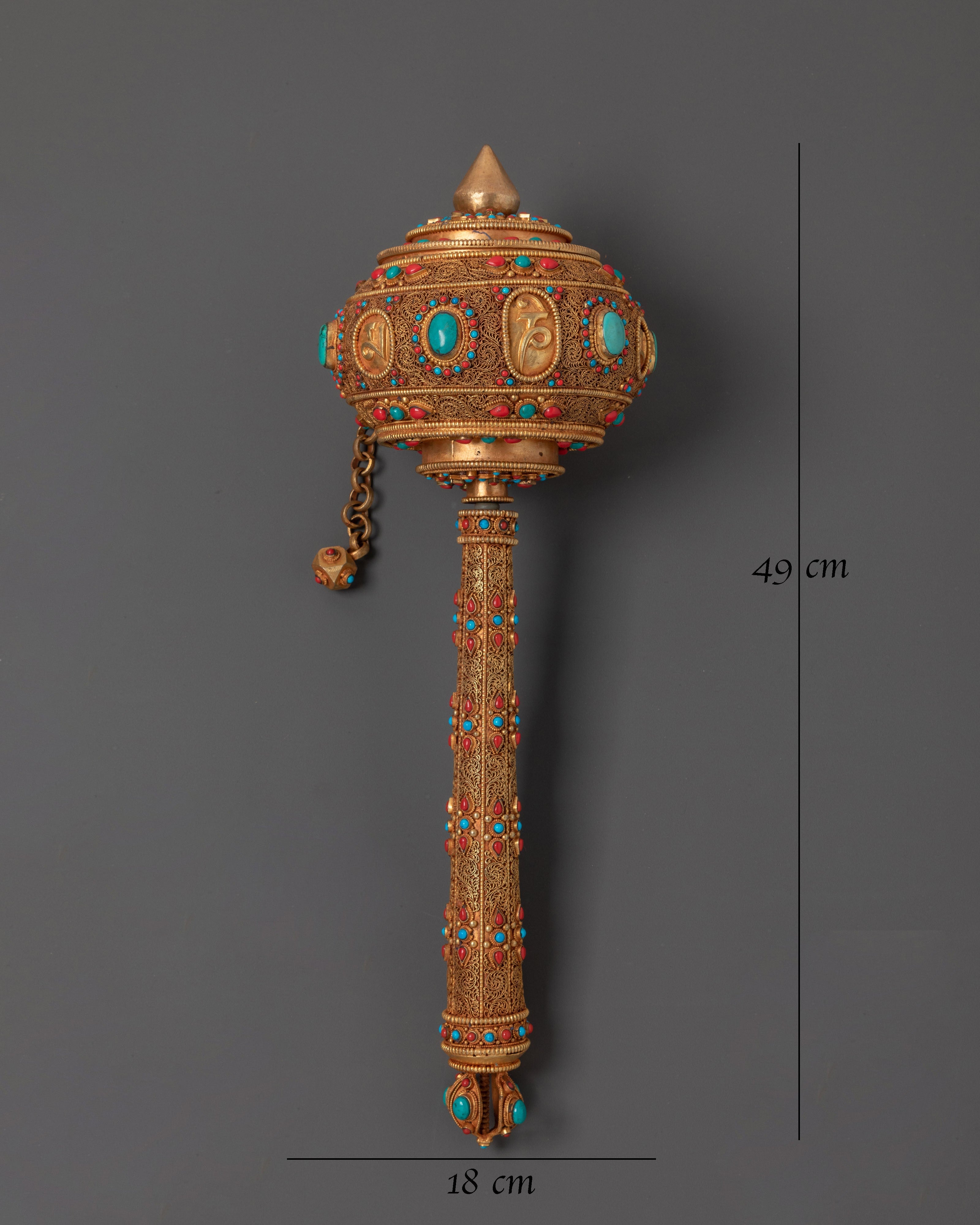 Prayer Wheel for Accumulating Merit | Gold Plated Copper Wheel with Coral and Turquoise