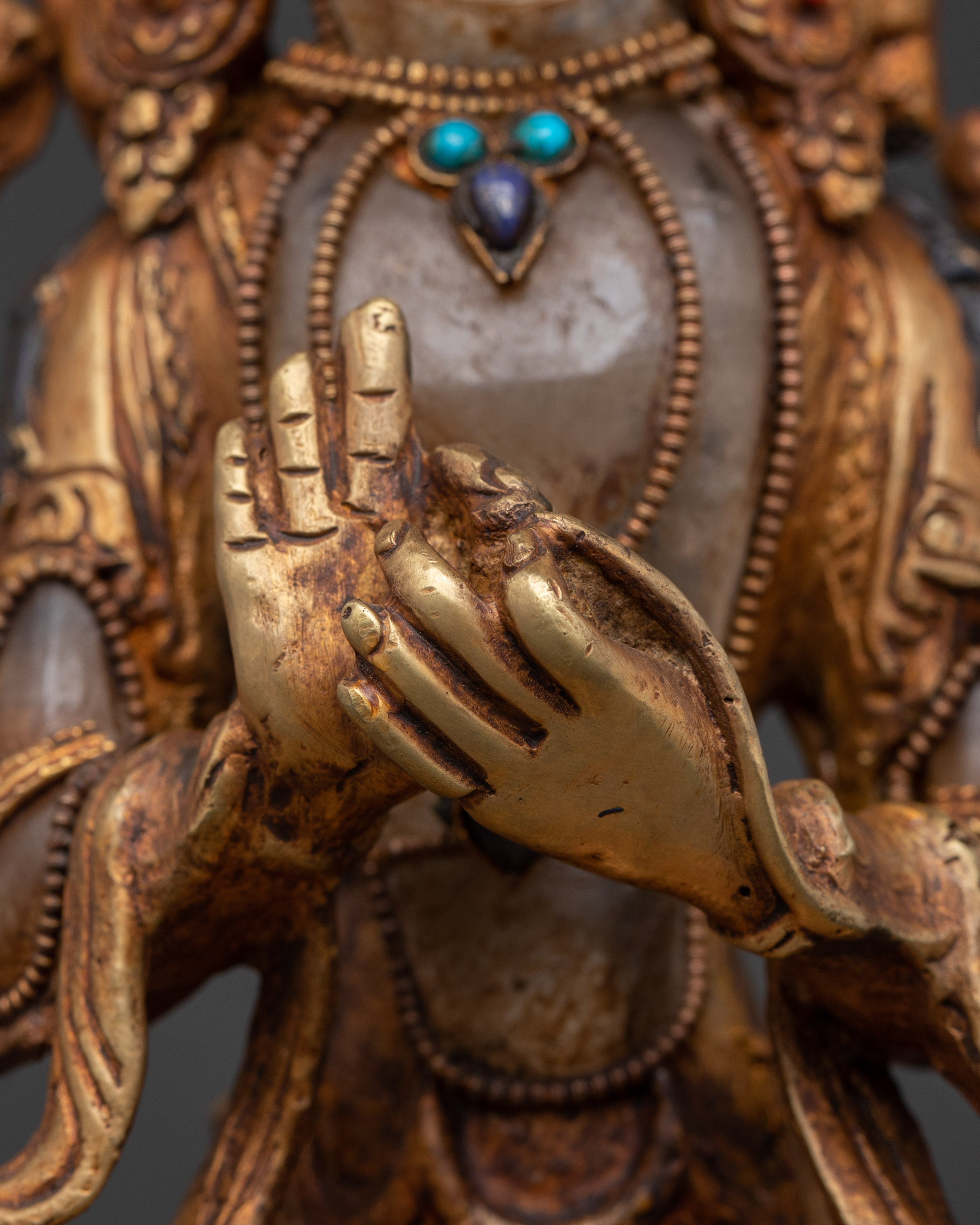 Future Buddha Maitreya Statue | Gold Plated Copper Sculpture with Crystal & Turquoise