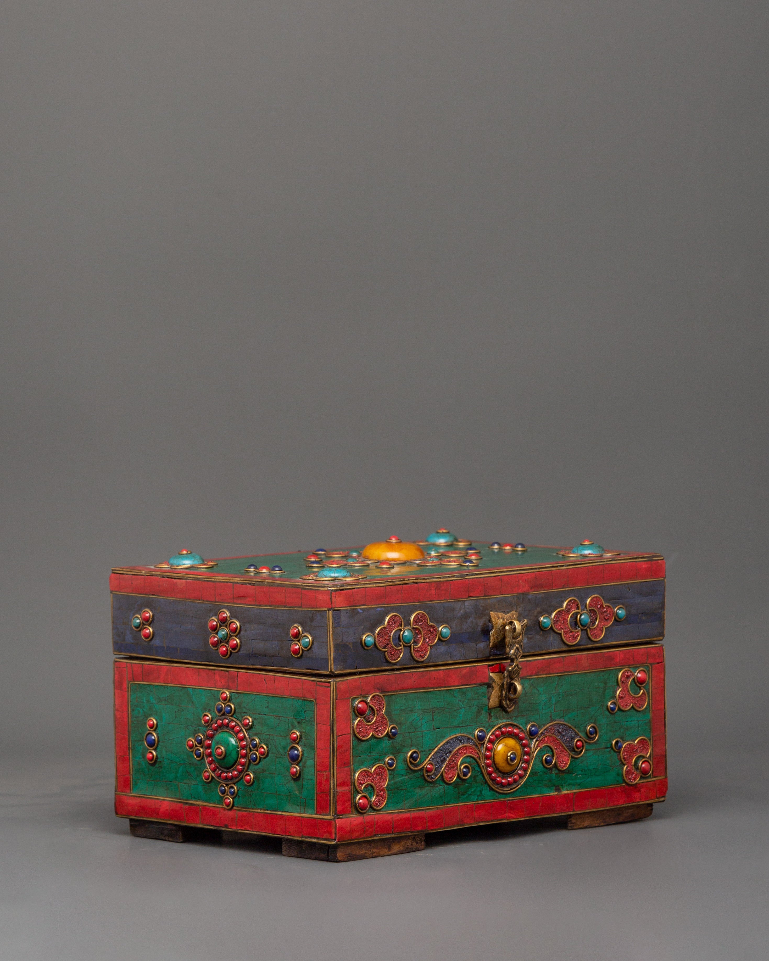 Hand-Painted Tibetan Wooden Box with Brass | Jewelry or Ritual Box