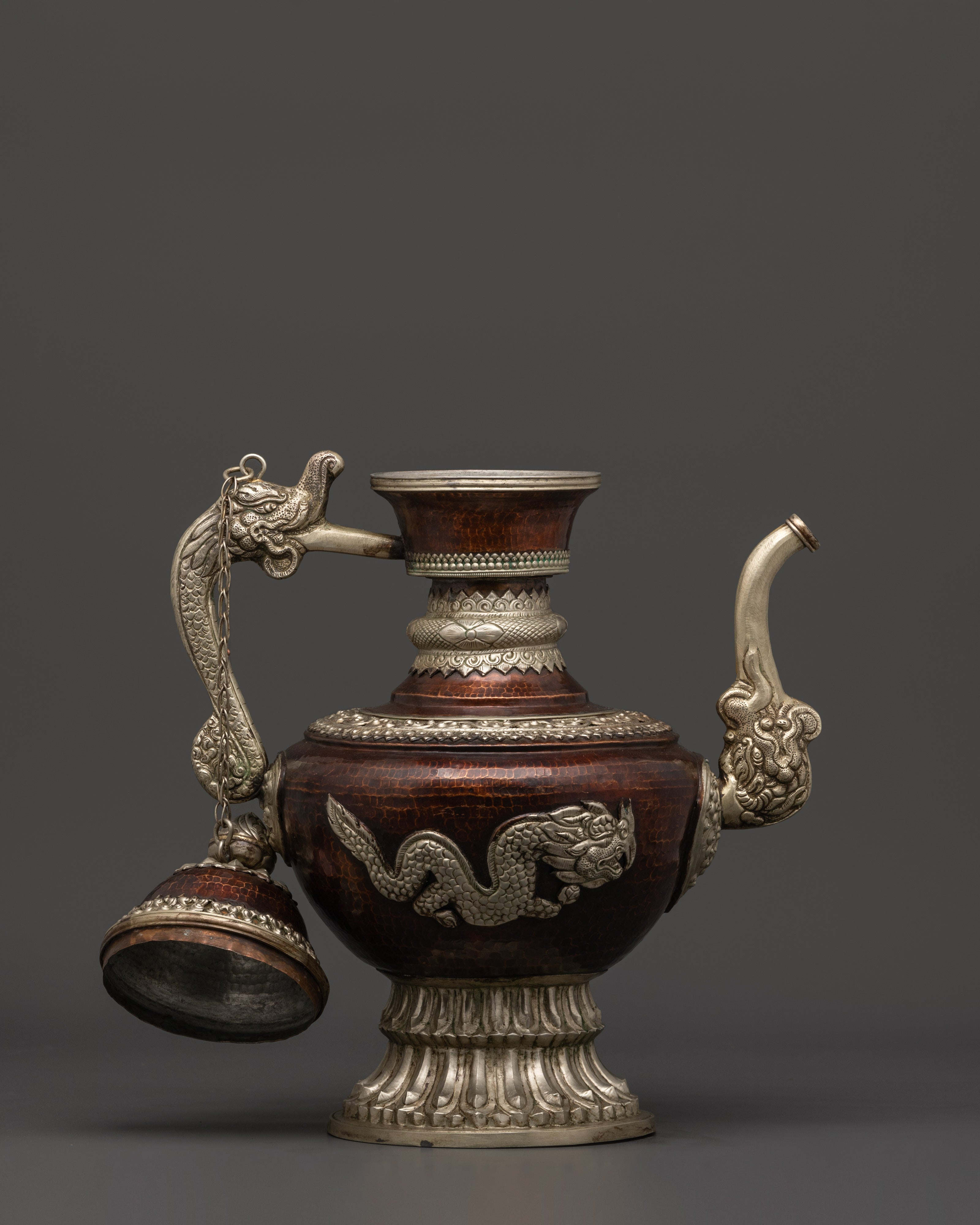 Handcrafted Copper Tea Pot Set | White Metal Himalayan Ritual Pair